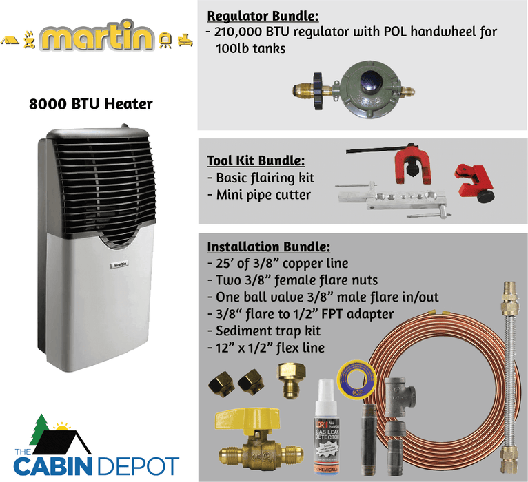 Martin 8000 BTU Direct Vent Propane Heater with accessories from Cabin Depot; features regulator, tool, and installation bundles.