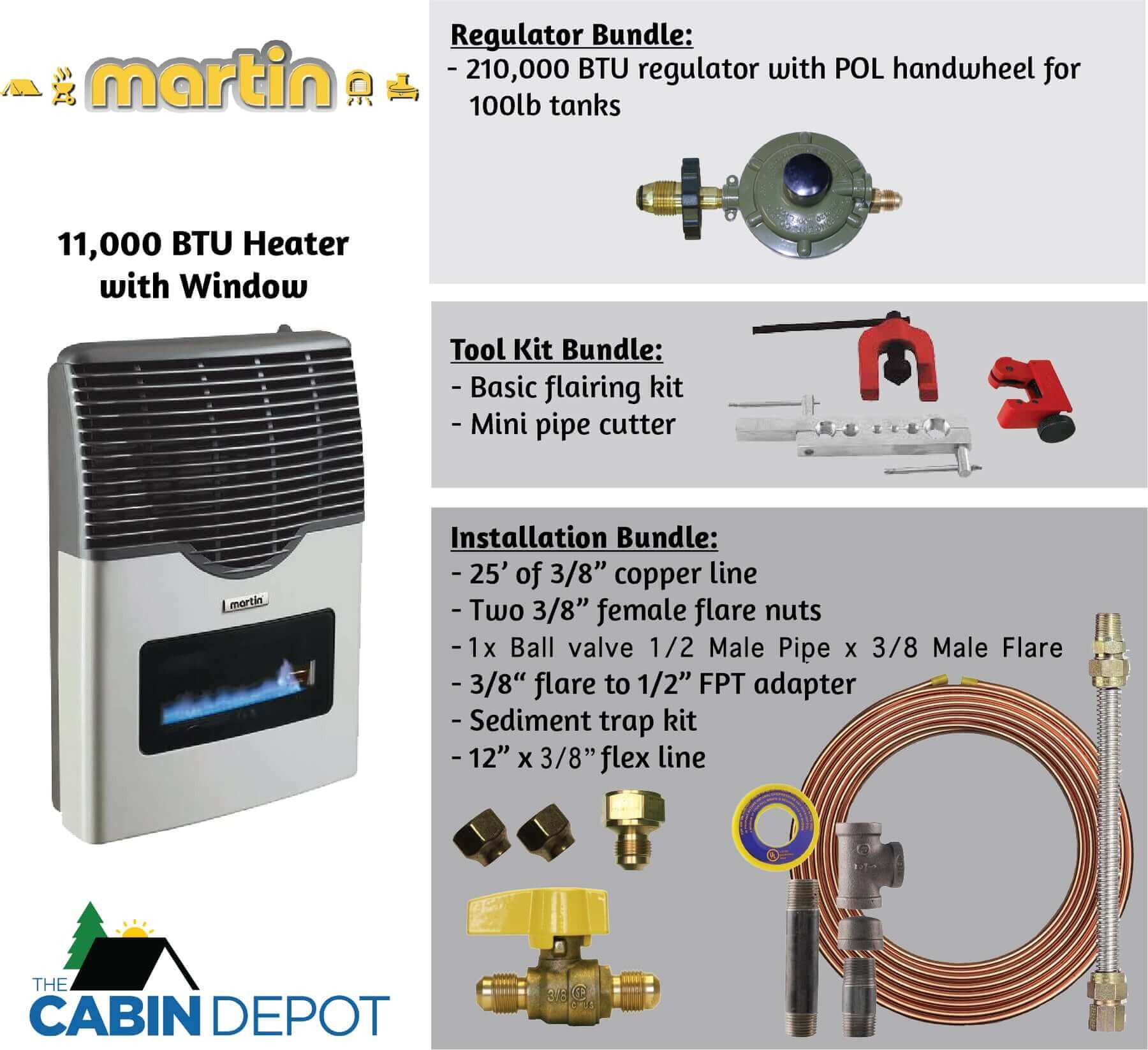 Martin 11,000 BTU Propane Heater with window, installation kit, regulator, tool bundle from The Cabin Depot.