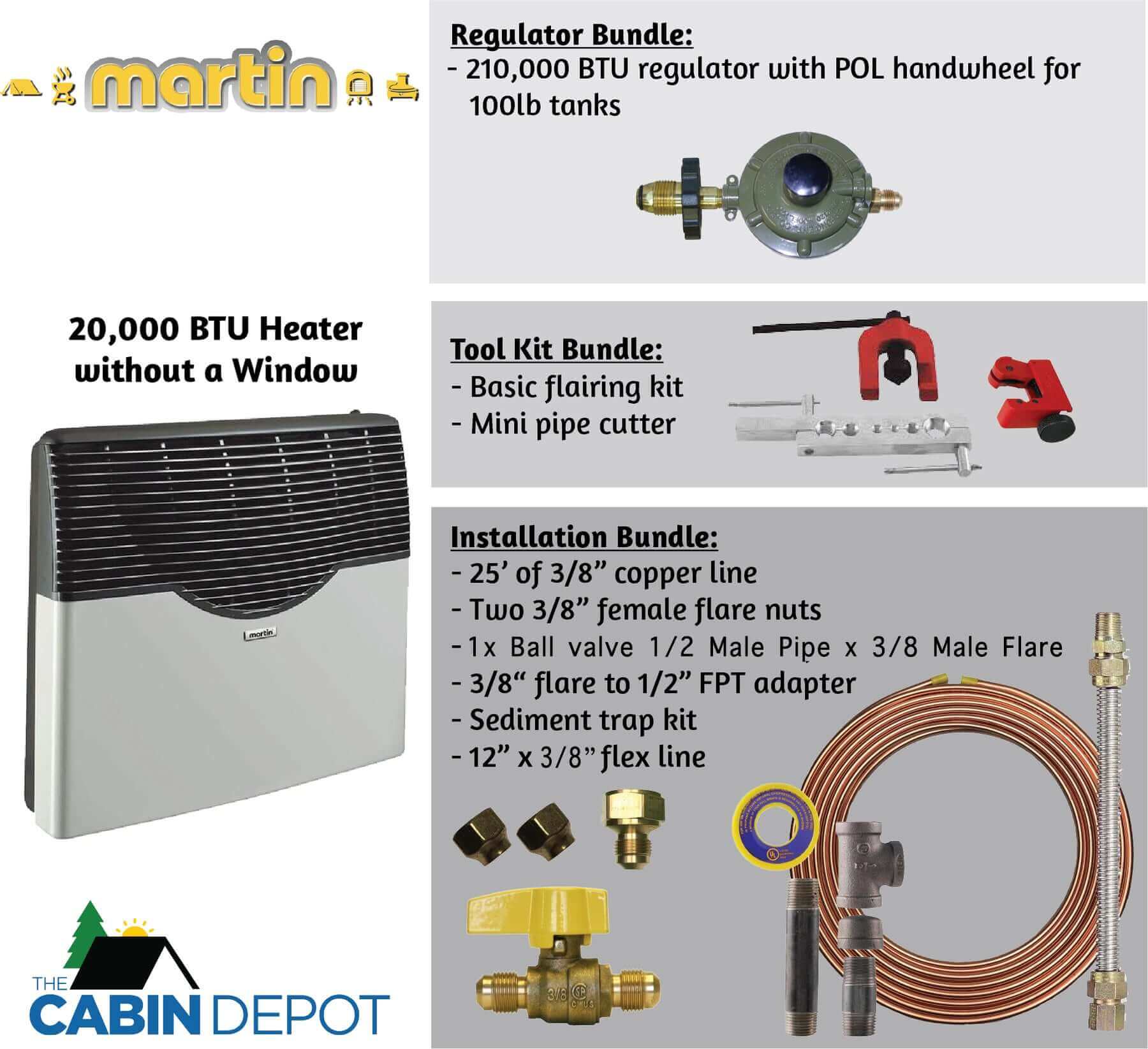 Martin 20,000 BTU Direct Vent Propane Heater, installation bundle, and tools by Cabin Depot.