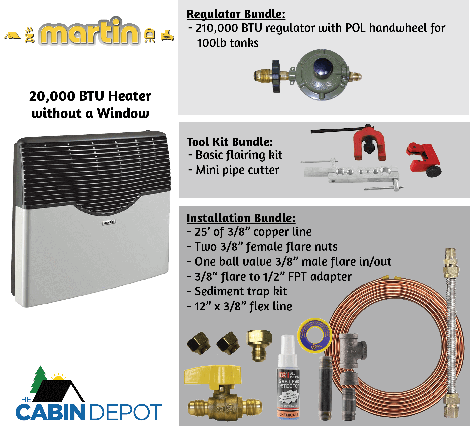 Martin 20,000 BTU Direct Vent Propane Heater accessories kit from The Cabin Depot, includes regulator, tool, and installation bundles.