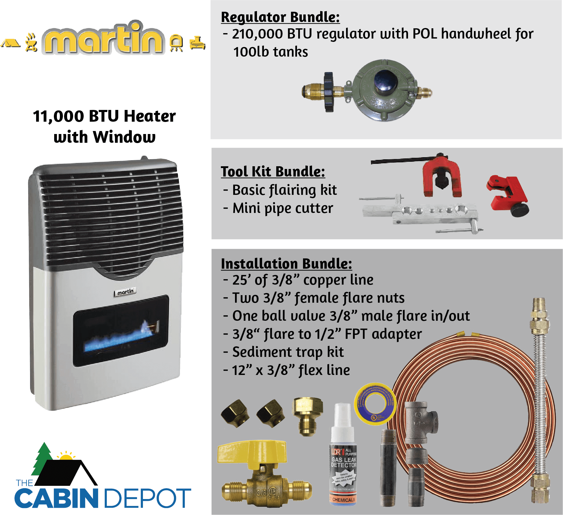 Martin 11,000 BTU Propane Heater, accessories from The Cabin Depot. No electricity needed. Ideal for off-grid; heater includes window view.