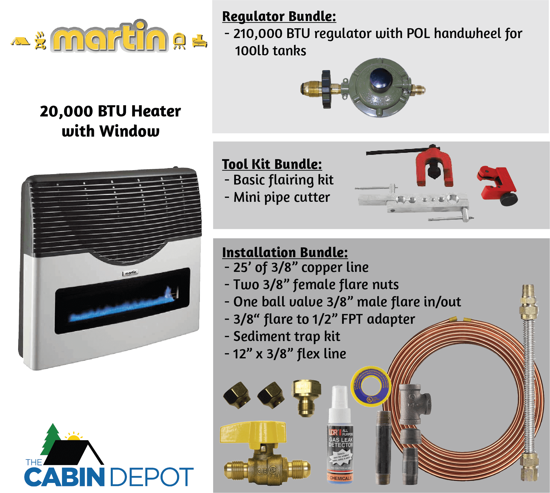 Martin 20,000 BTU Direct Vent Propane Heater with window, bundles, and accessories from The Cabin Depot.