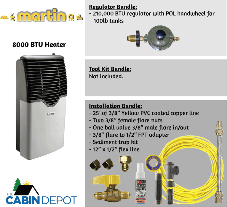 Martin 8000 BTU Direct Vent Propane Heater Installation Bundle at The Cabin Depot - Includes PVC line and regulator. Free Shipping in Canada.