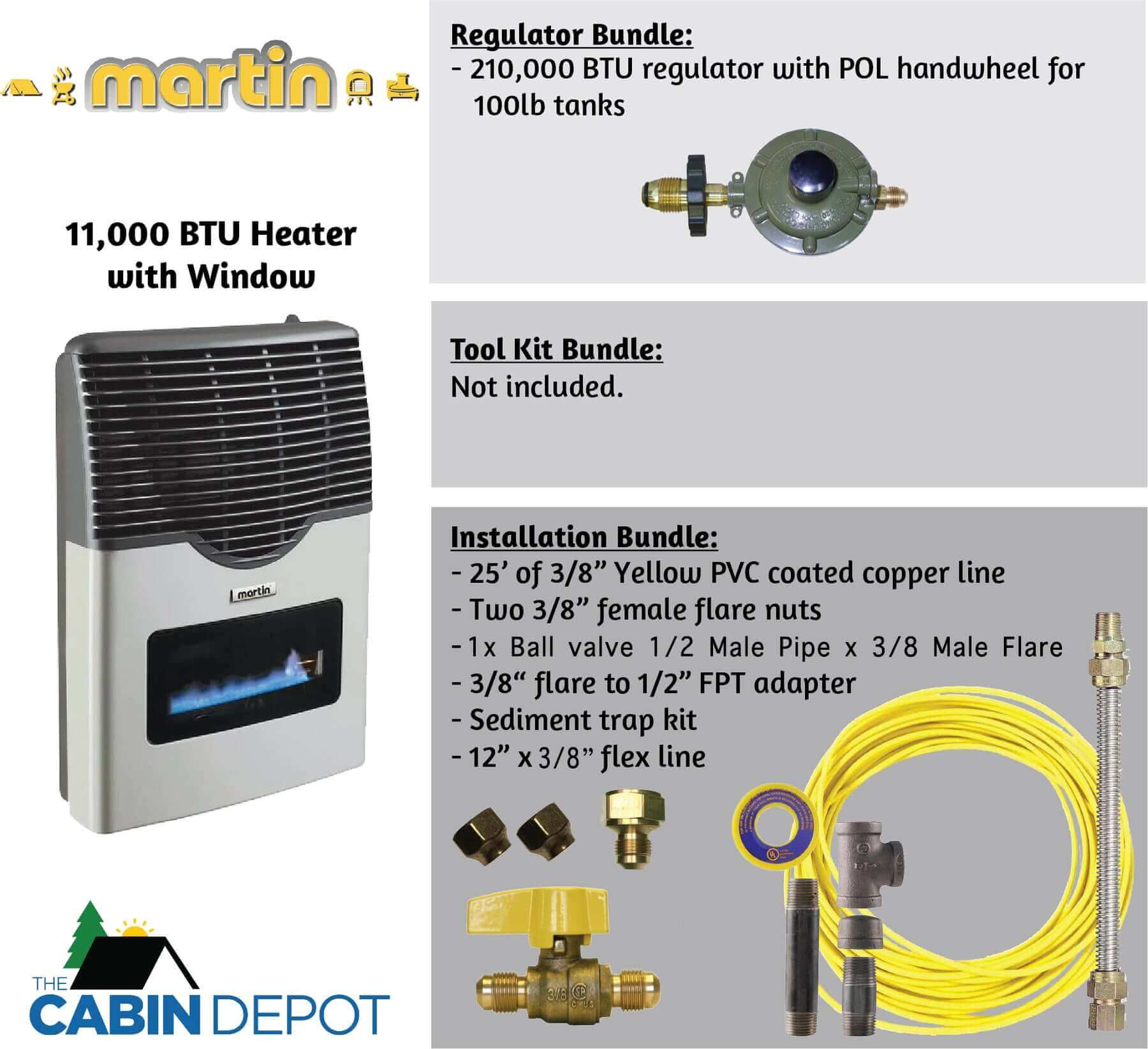 Martin 11,000 BTU Propane Heater with Window Installation Bundle - Cabin Depot