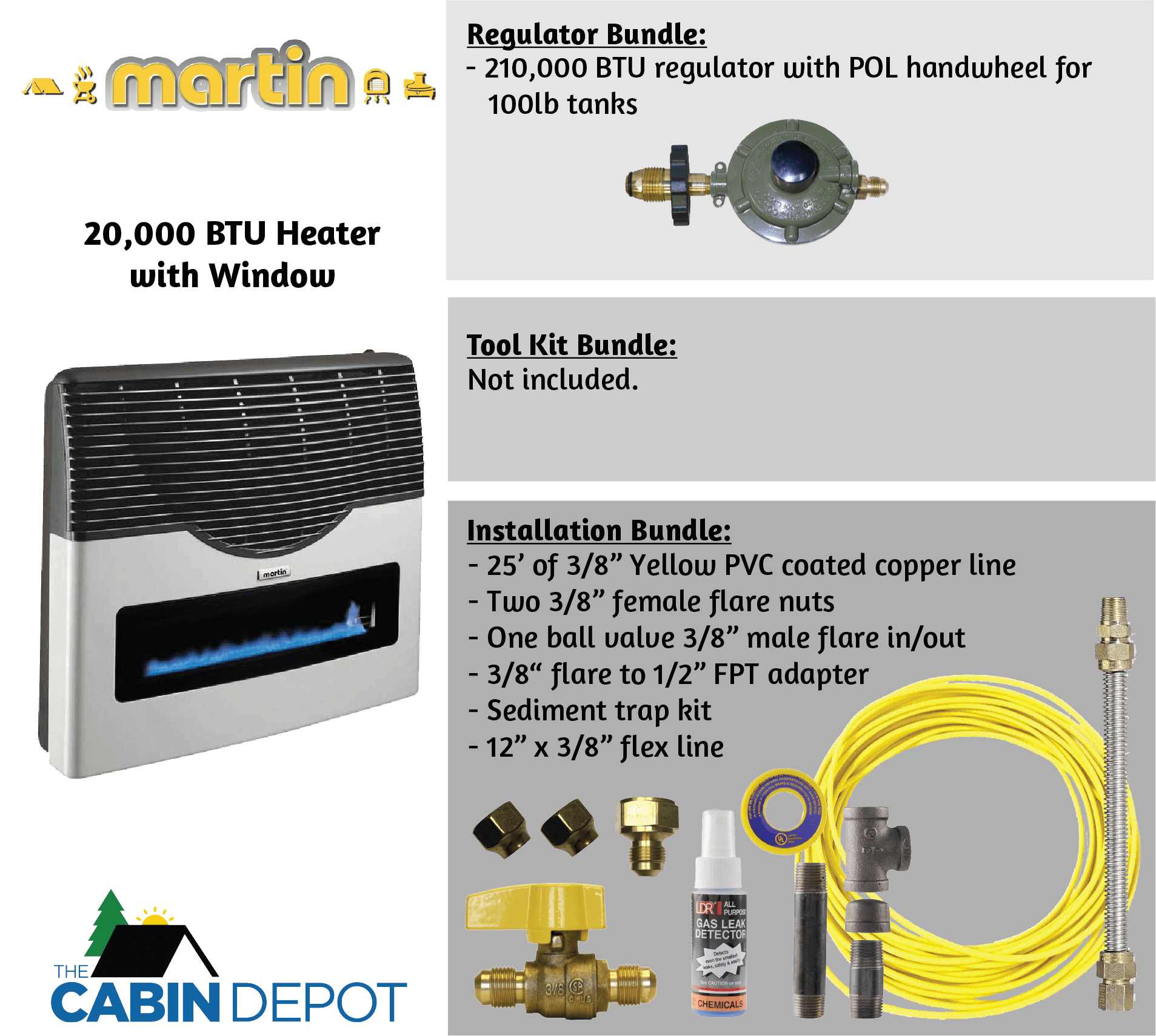 Martin 20,000 BTU direct vent propane heater with installation bundles and regulator, available at The Cabin Depot.
