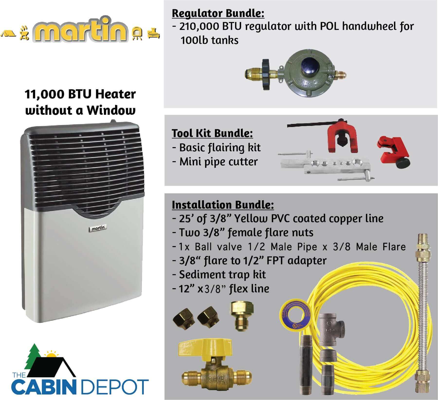 Martin 11,000 BTU Direct Vent Propane Heater from Cabin Depot with bundles for regulator, toolkit, and installation. No electricity needed.