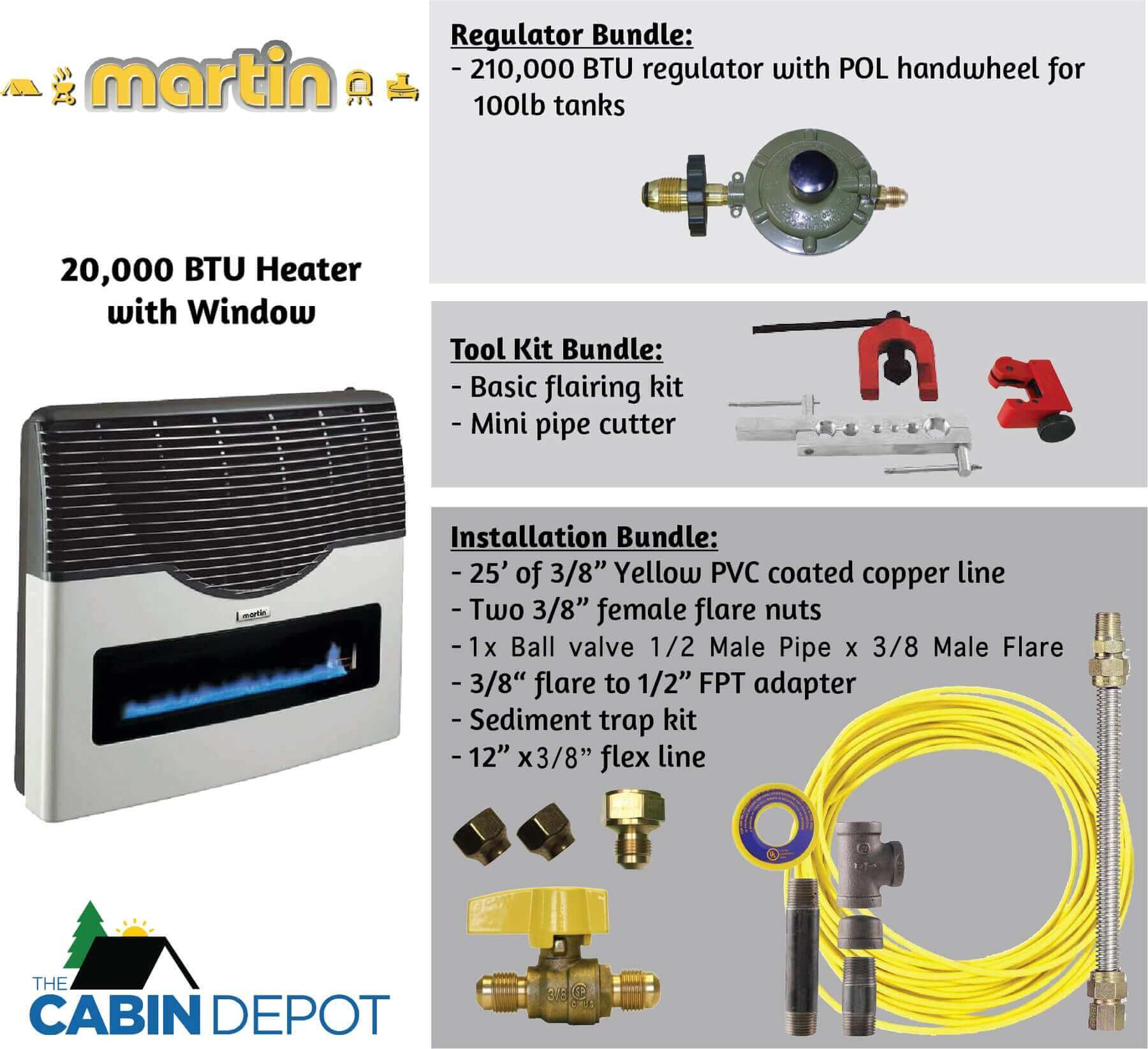 Martin 20,000 BTU direct vent propane heater with installation bundles and tools from Cabin Depot