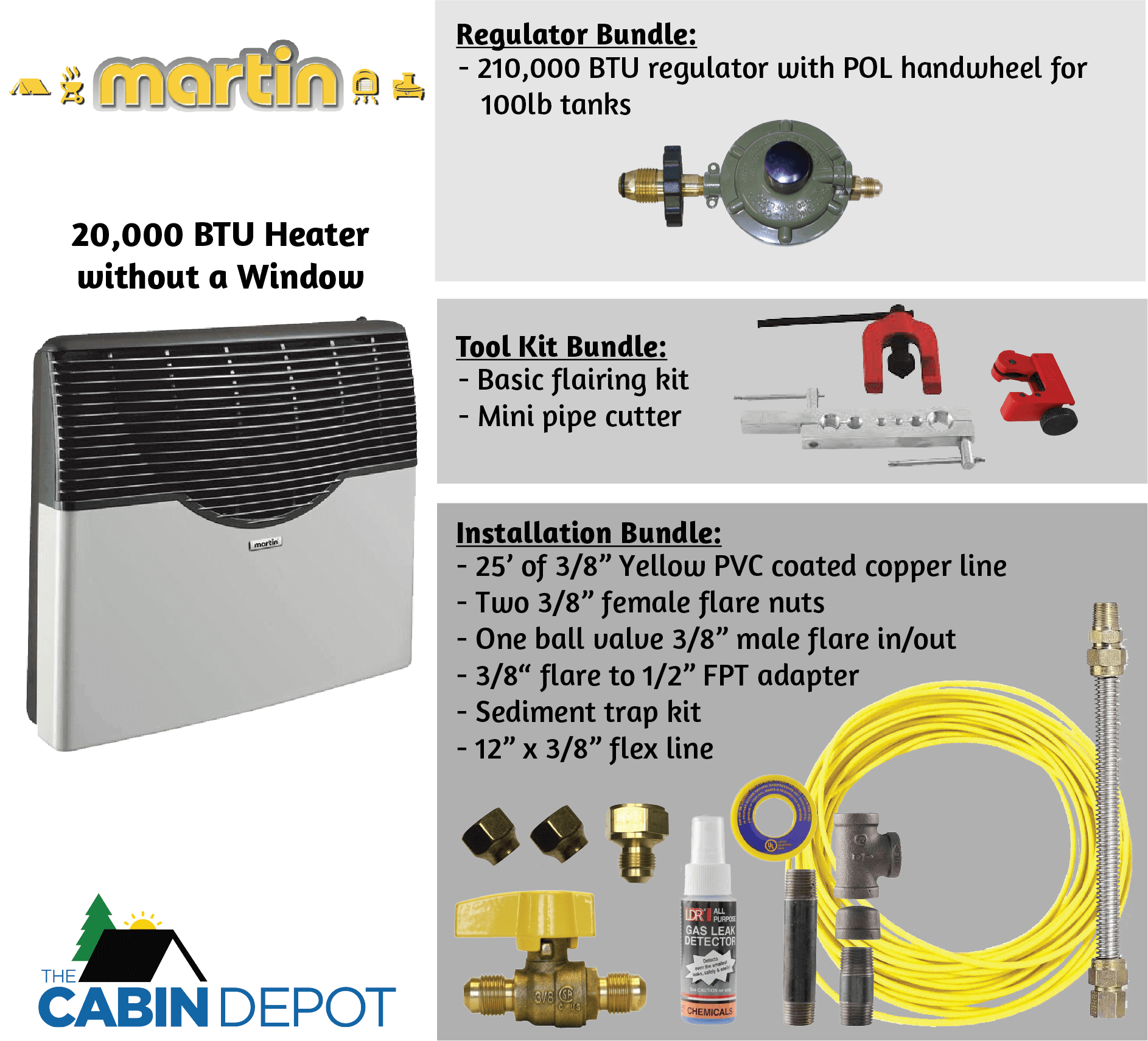 Martin 20,000 BTU Direct Vent Propane Heater Package with Regulator, Flare Kit, and Installation Bundle - The Cabin Depot