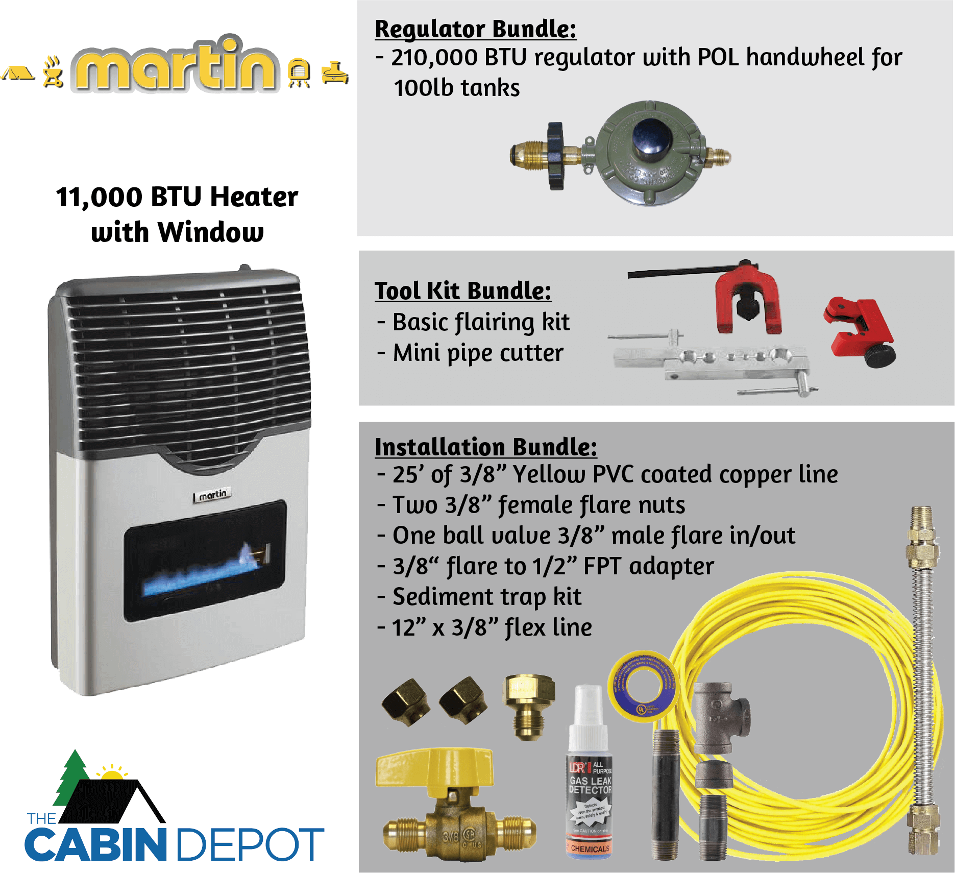 Martin 11,000 BTU Propane Heater with accessories for cabins - Cabin Depot