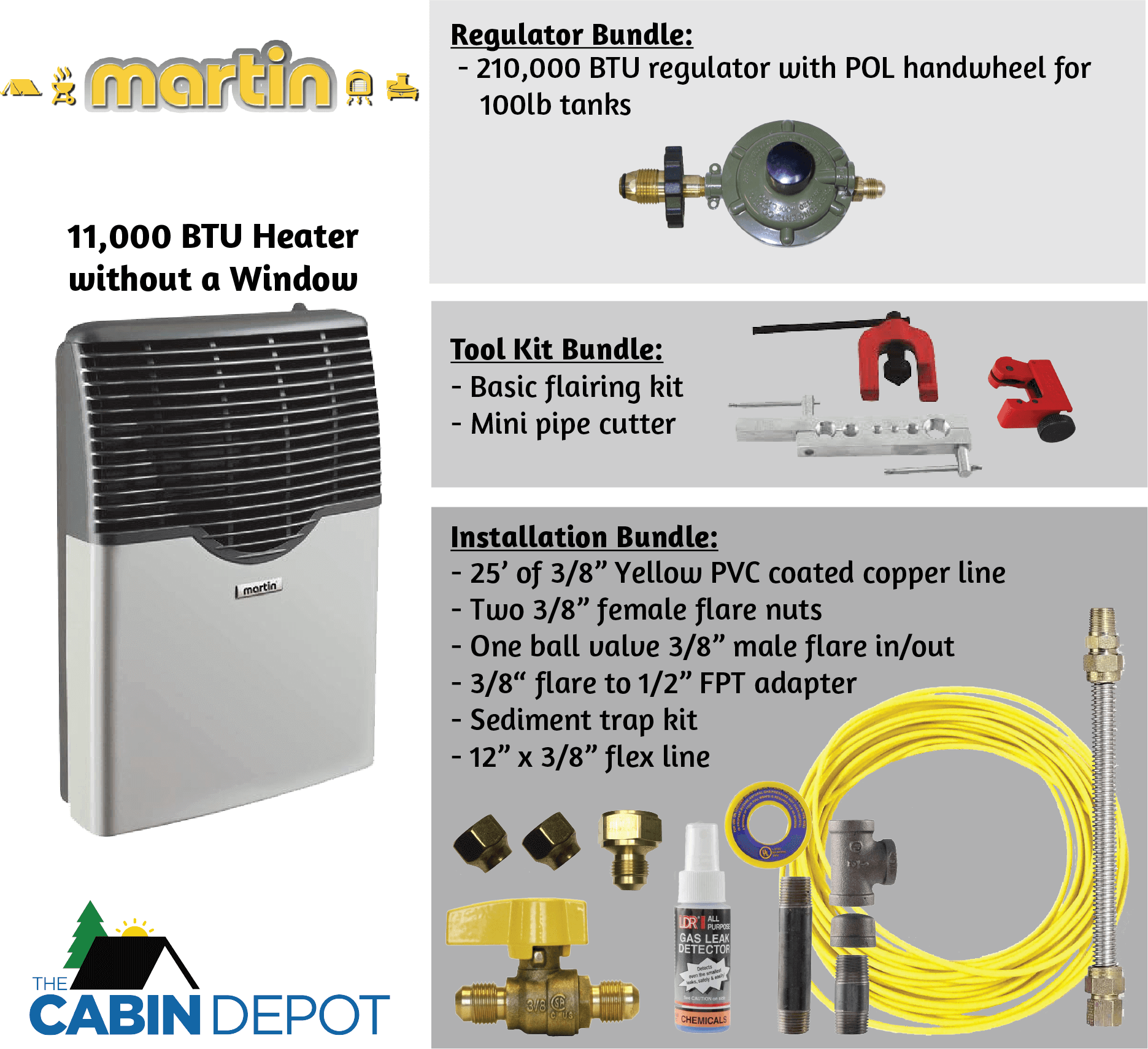 Martin 11,000 BTU direct vent propane heater with installation kit, available at The Cabin Depot.