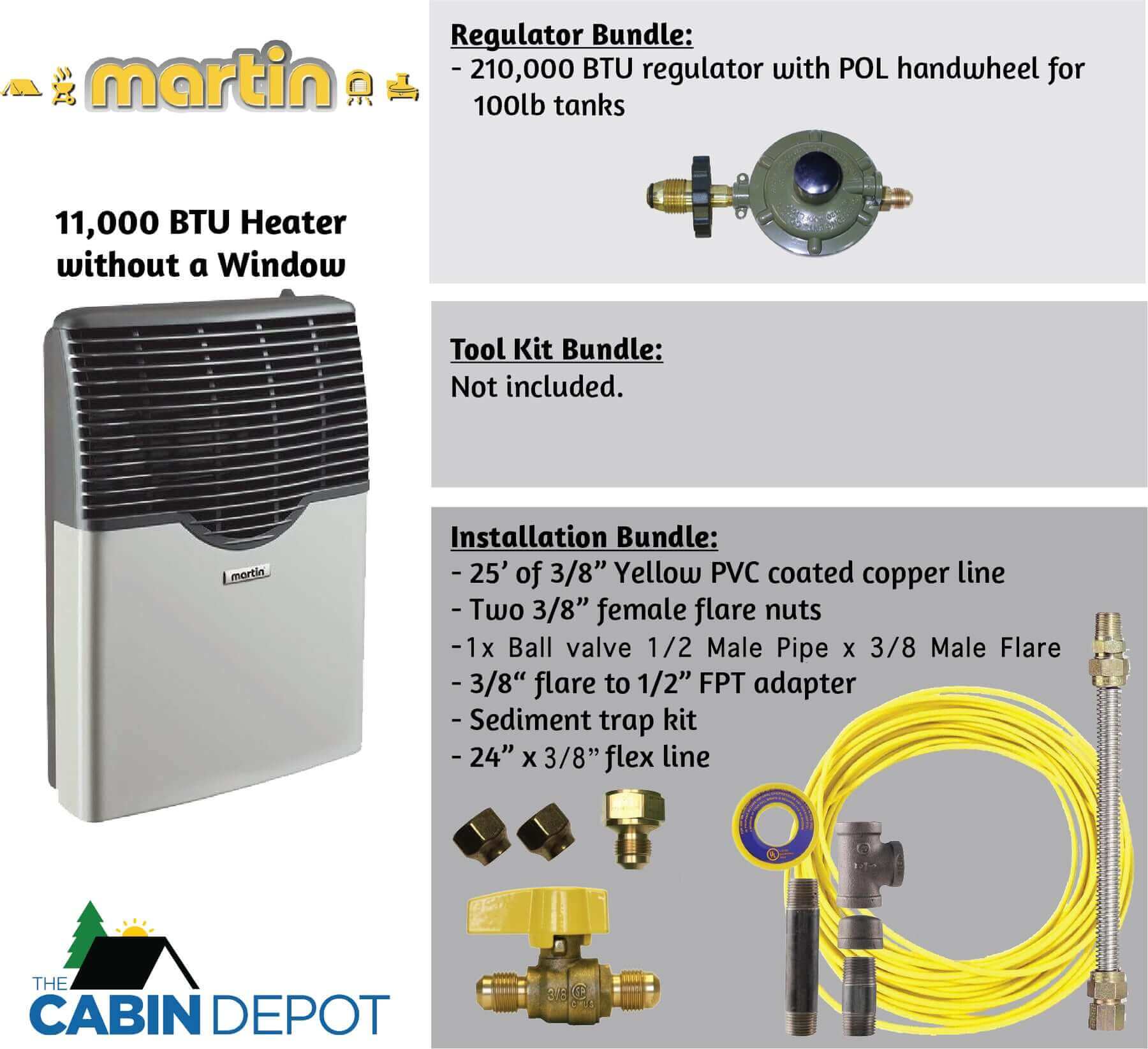 Martin 11,000 BTU direct vent propane heater with installation kit and regulator, available at The Cabin Depot.