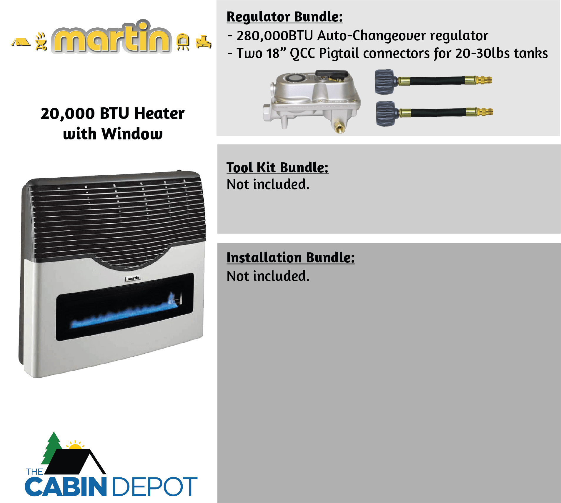 Martin 20,000 BTU Direct Vent Propane Heater with window, available at The Cabin Depot