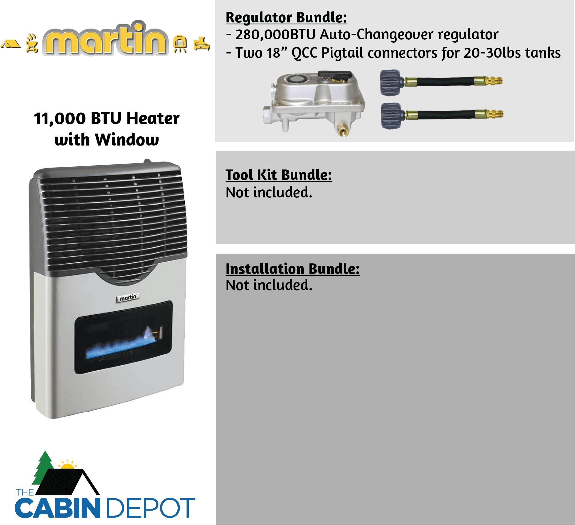 Martin 11,000 BTU Direct Vent Propane Heater with Regulator Bundle, perfect for off-grid cabins. Available at The Cabin Depot.