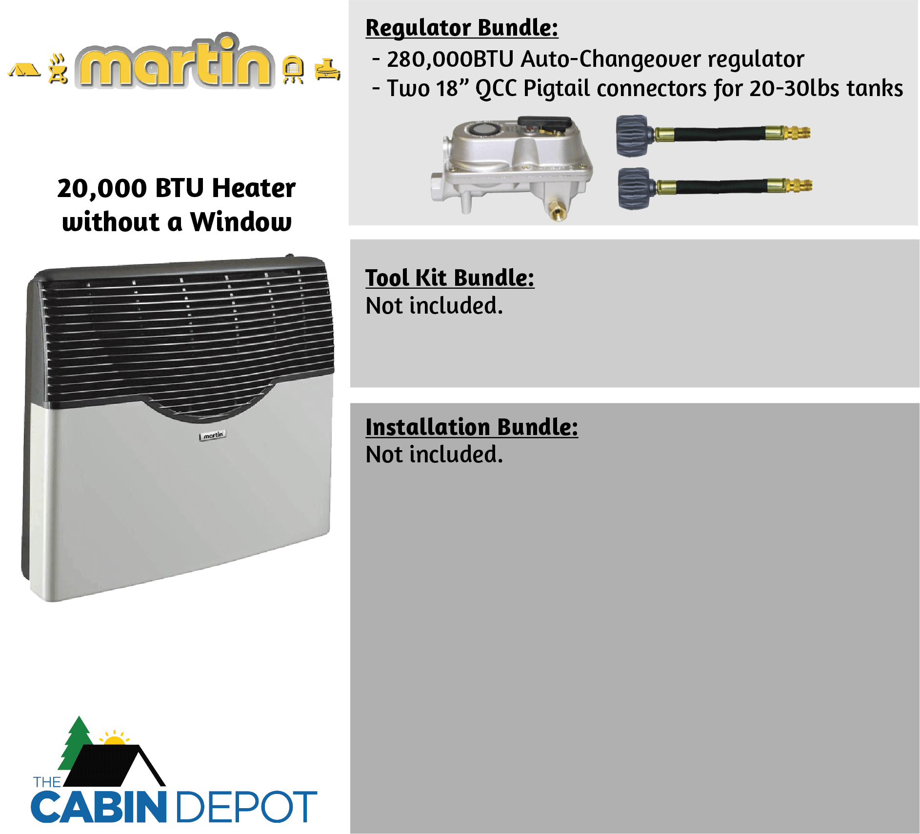 Martin 20,000 BTU Direct Vent Propane Heater MDV20P without window, including regulator bundle from The Cabin Depot.