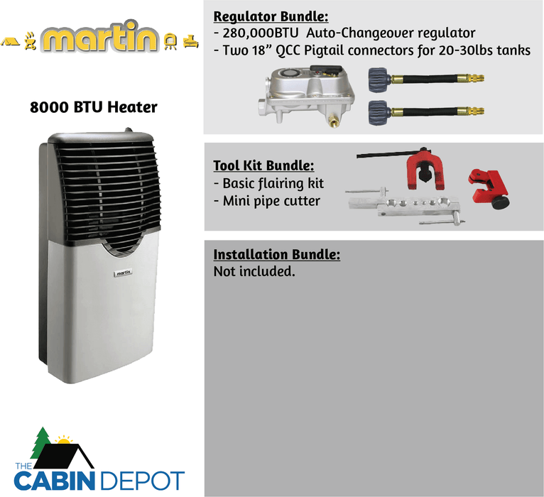 Martin 8,000 BTU Direct Vent Propane Heater MDV8P from The Cabin Depot, ideal for off-grid use, includes regulator and tool kit bundles.