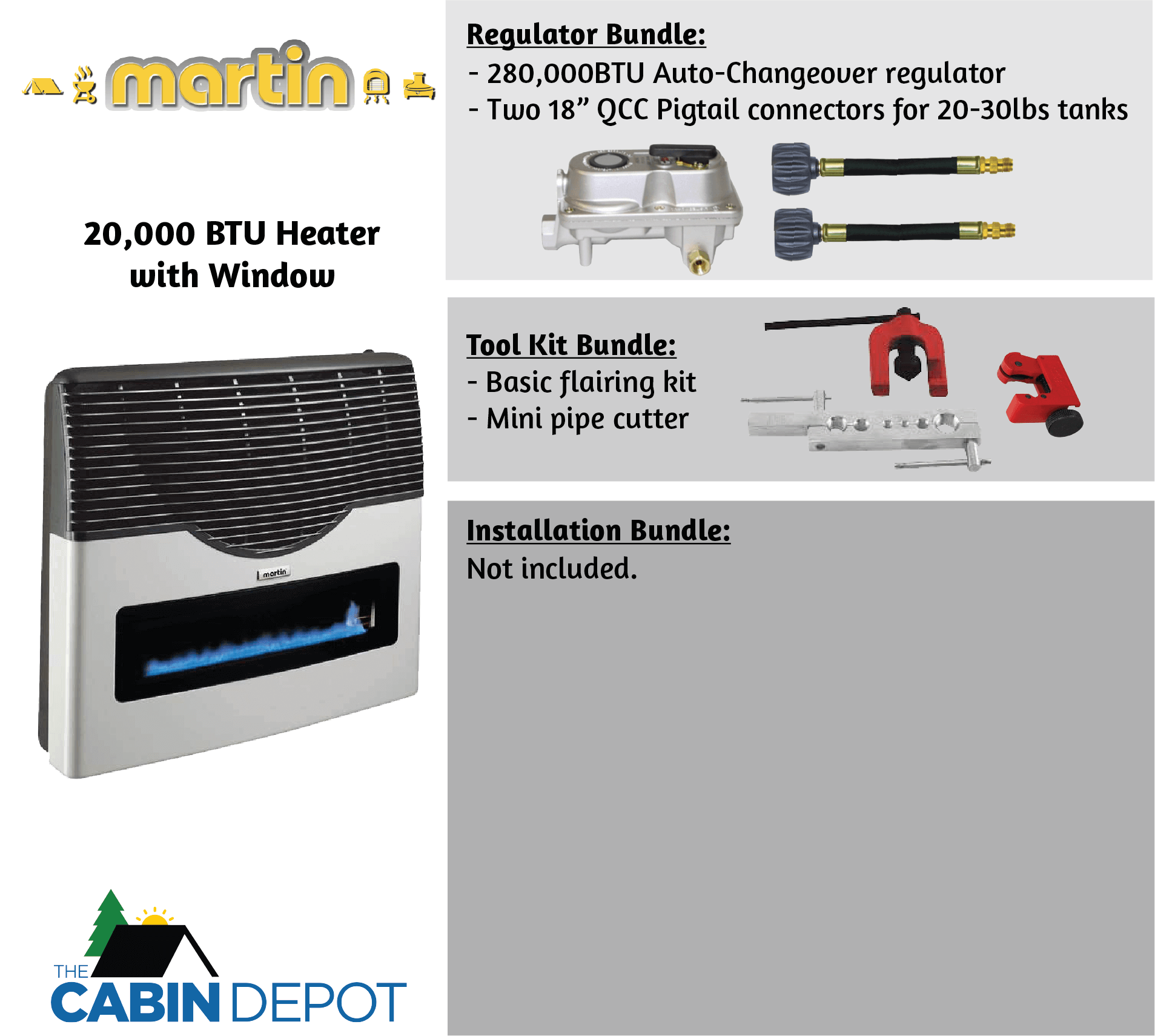 Martin 20,000 BTU Direct Vent Propane Heater with Window, featuring regulator and tool kit bundles from The Cabin Depot