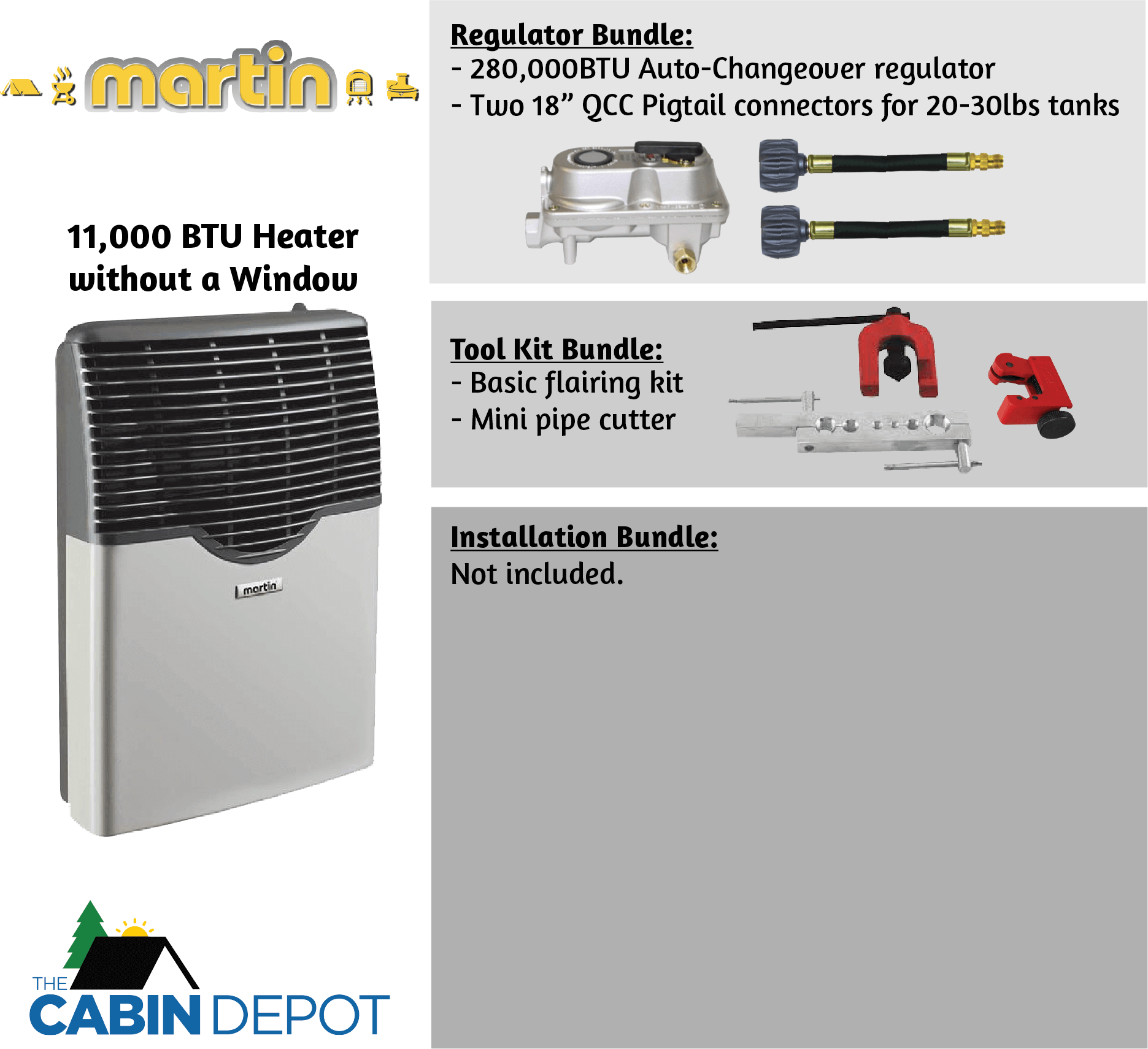 Martin 11,000 BTU Direct Vent Propane Heater with accessories from Cabin Depot, includes regulator and toolkit bundles.