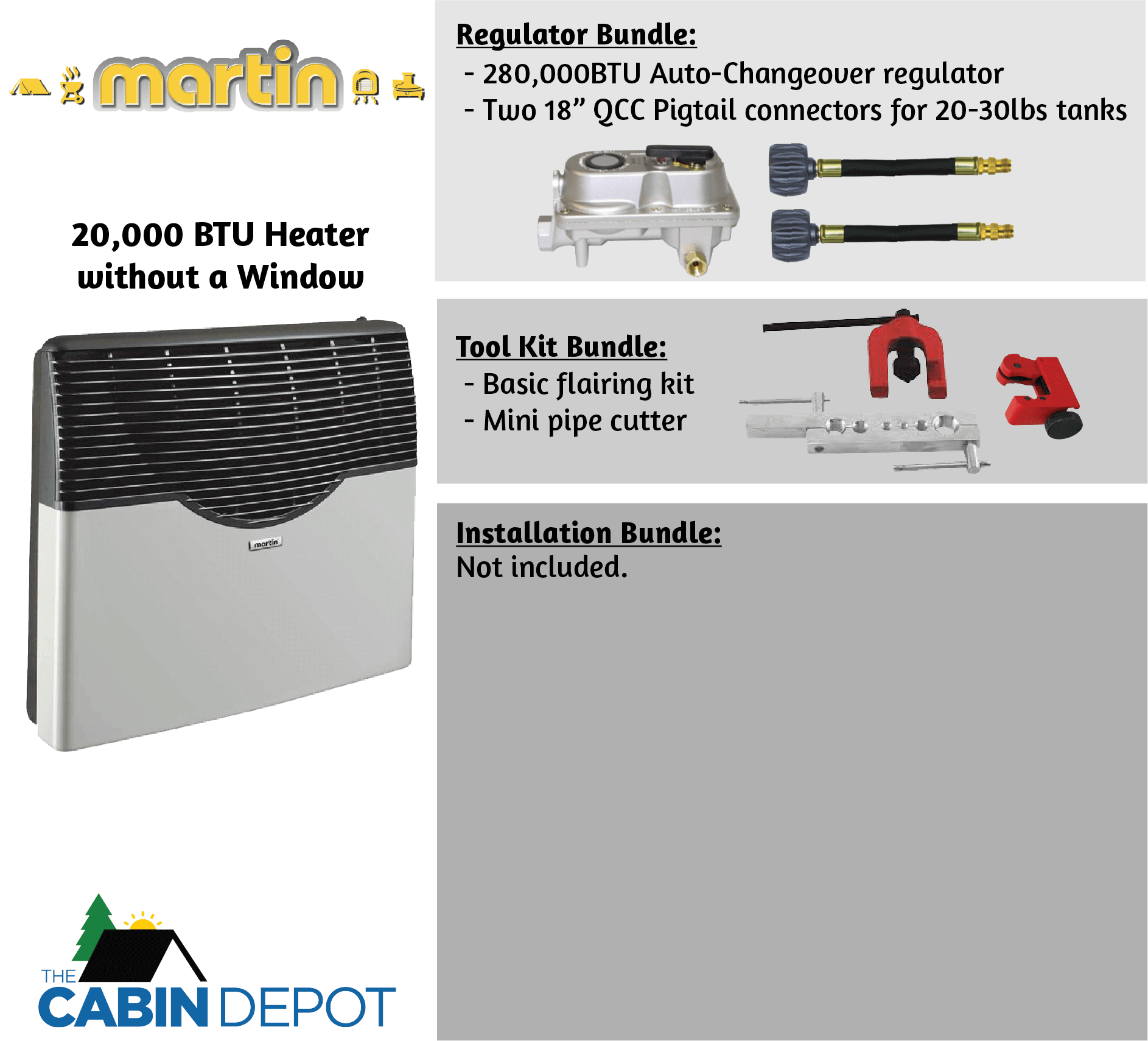 Martin 20,000 BTU Heater without Window - Regulator and Tool Kit Bundles - The Cabin Depot