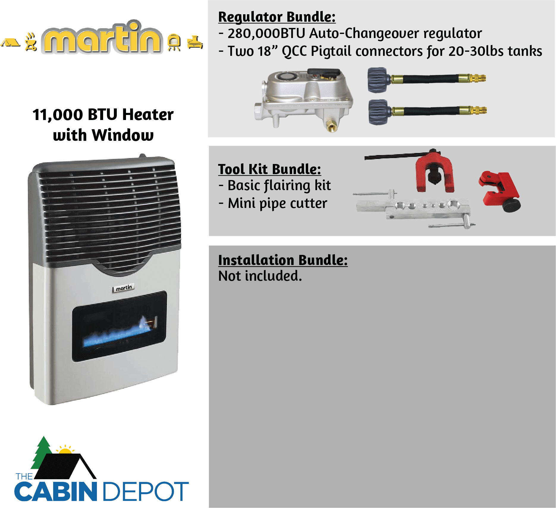 Martin 11,000 BTU Direct Vent Propane Heater with Window, Tool Kit, Regulator Bundle - Available at Cabin Depot