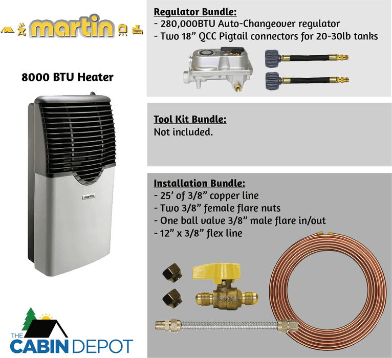 Martin 8,000 BTU Propane Heater with installation and regulator bundles from Cabin Depot