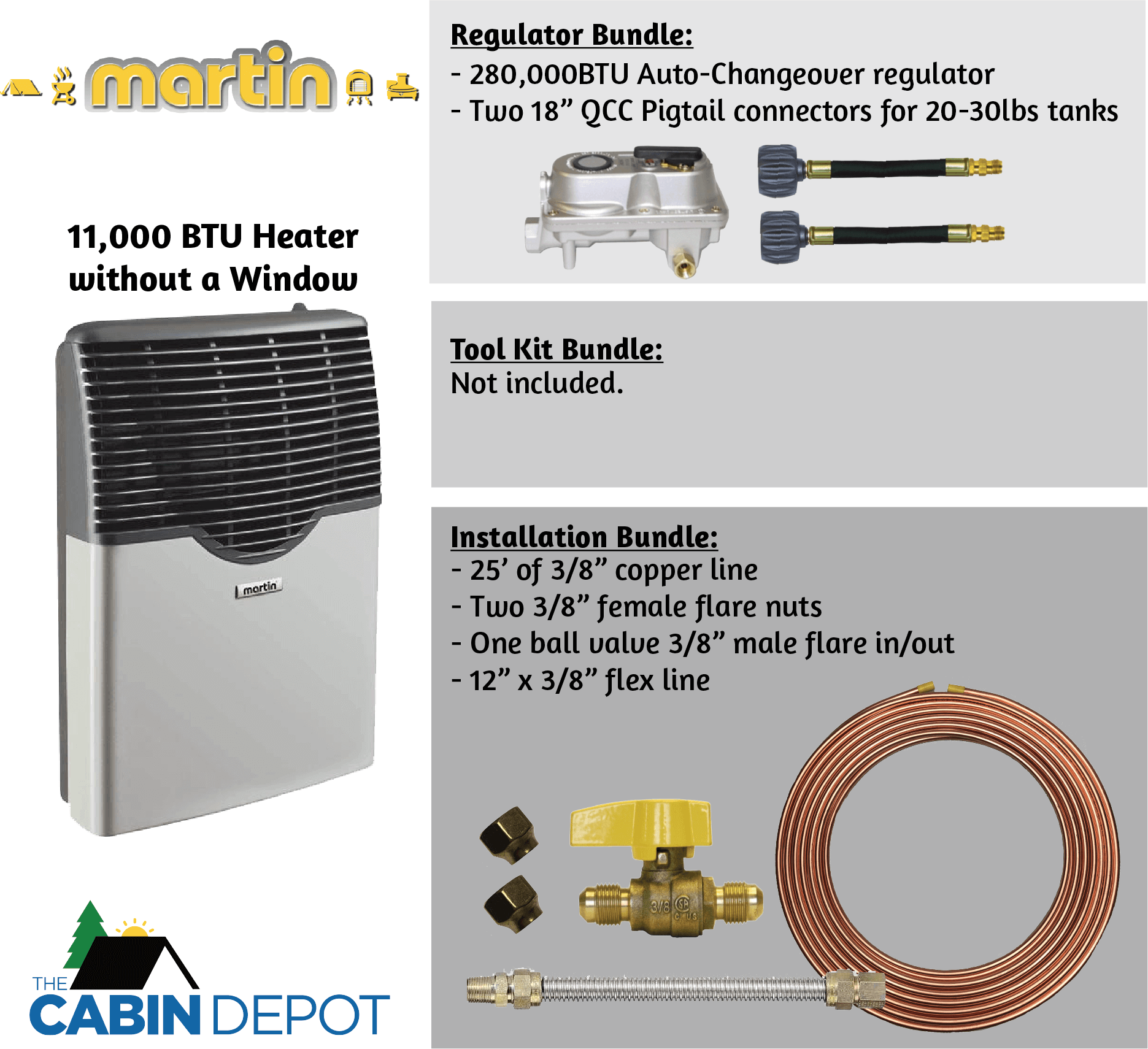 Martin 11,000 BTU Direct Vent Propane Heater with Installation Bundle at The Cabin Depot. Ideal for off-grid and cabin use, CSA certified.