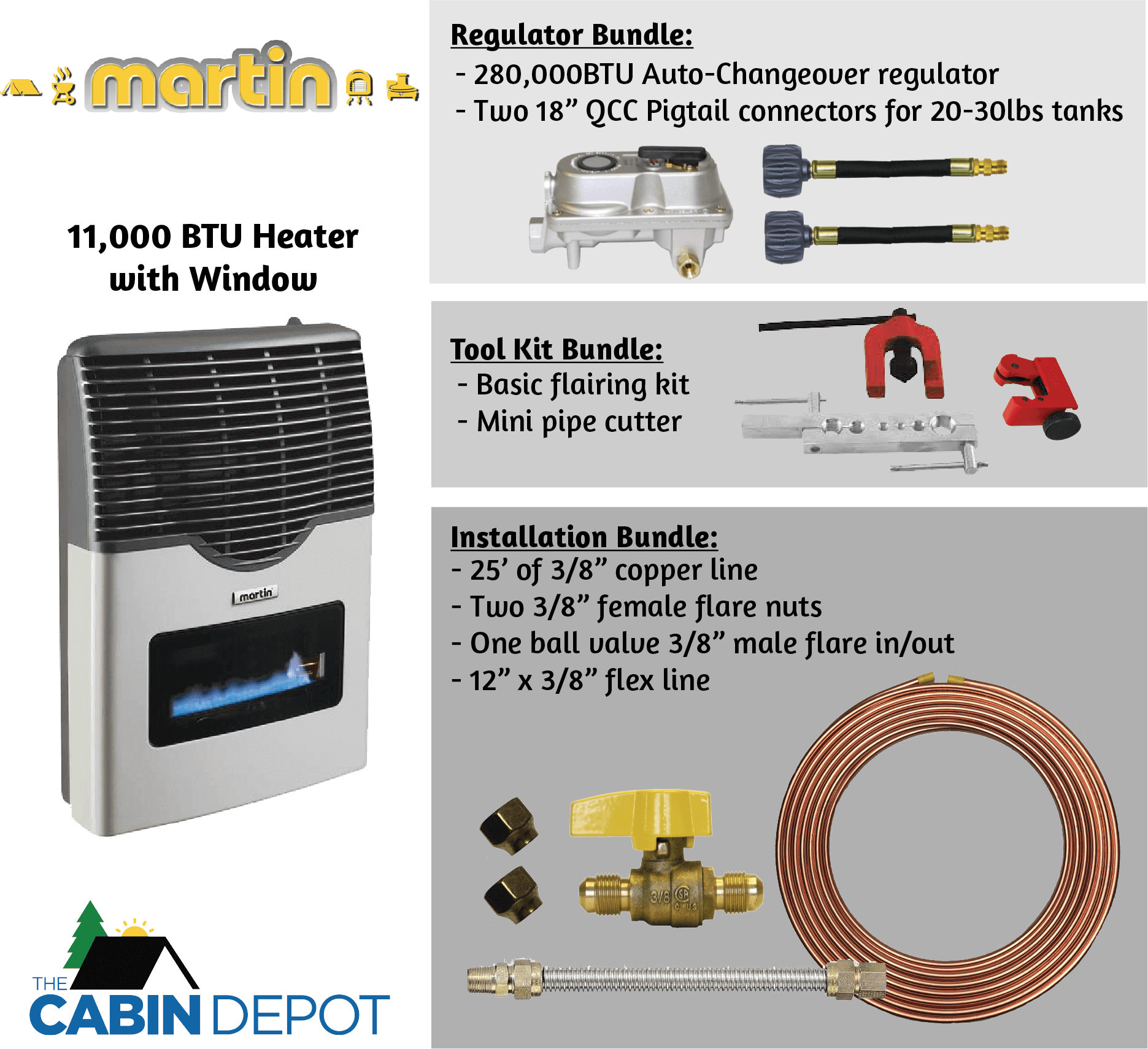 Martin 11,000 BTU Direct Vent Propane Heater with accessories from The Cabin Depot