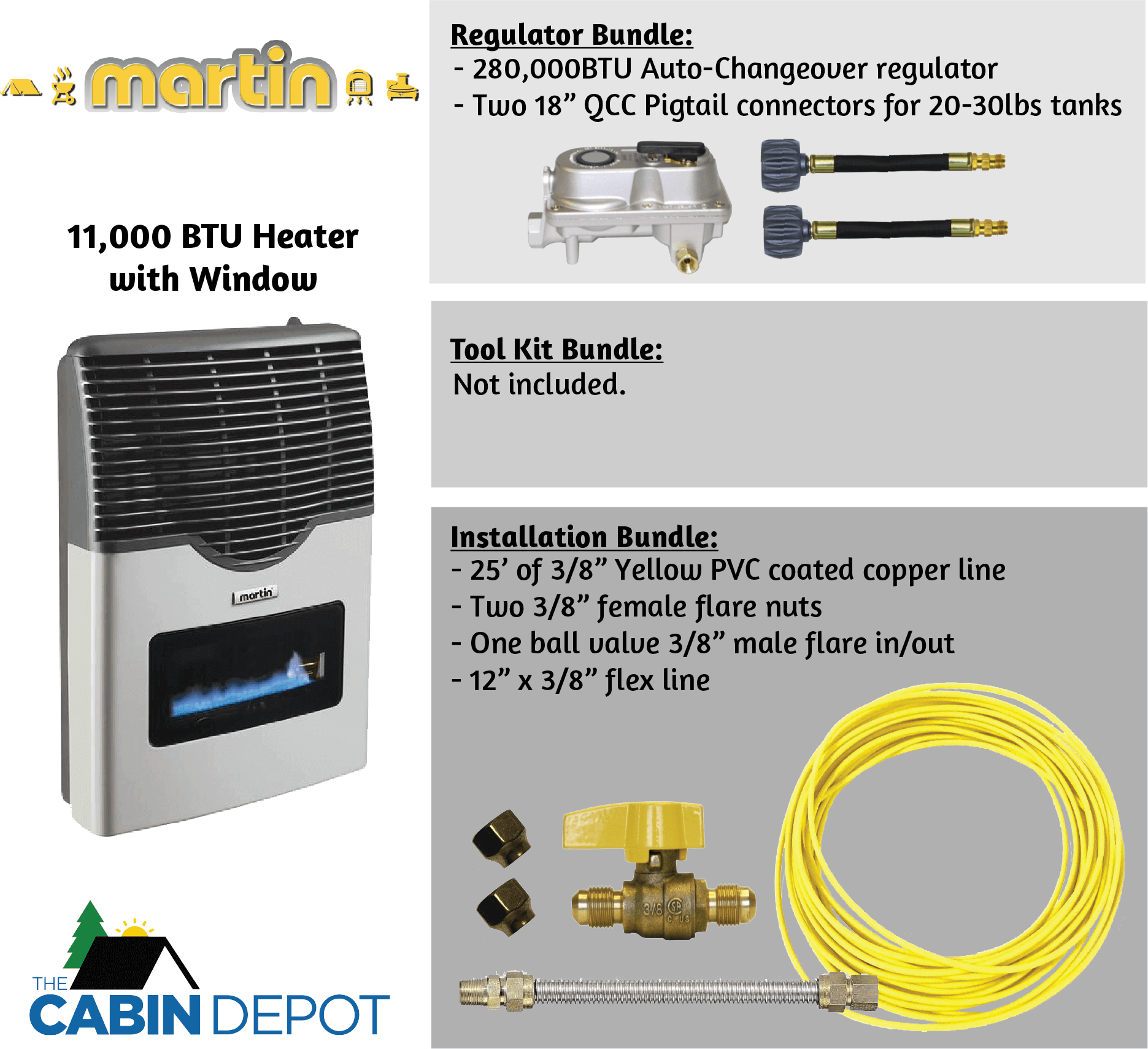 Martin 11,000 BTU Direct Vent Propane Heater with accessories at The Cabin Depot