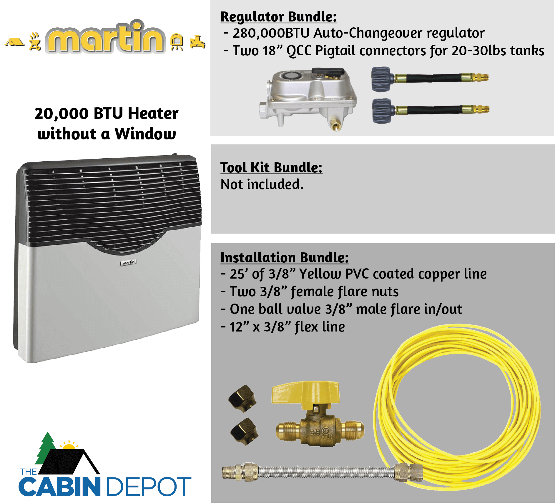 Martin 20,000 BTU Propane Heater without Window - The Cabin Depot Installation Bundle with Regulator - Off-Grid Use