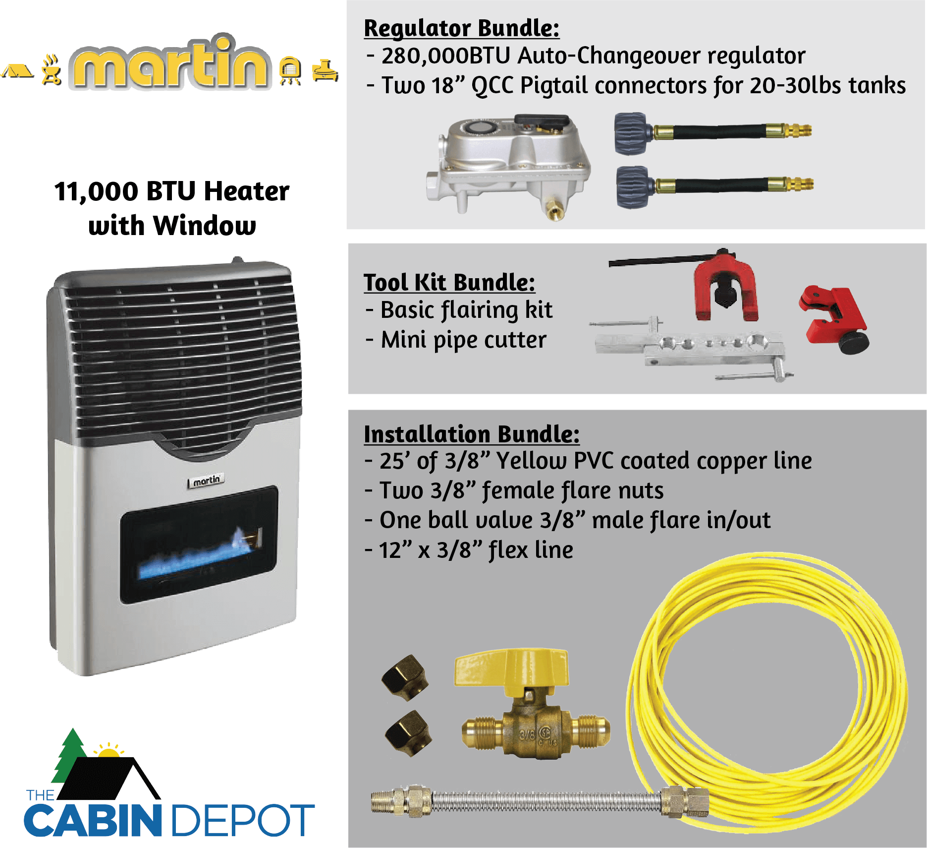 Martin 11,000 BTU Direct Vent Propane Heater with tool, regulator, and installation bundles from The Cabin Depot.