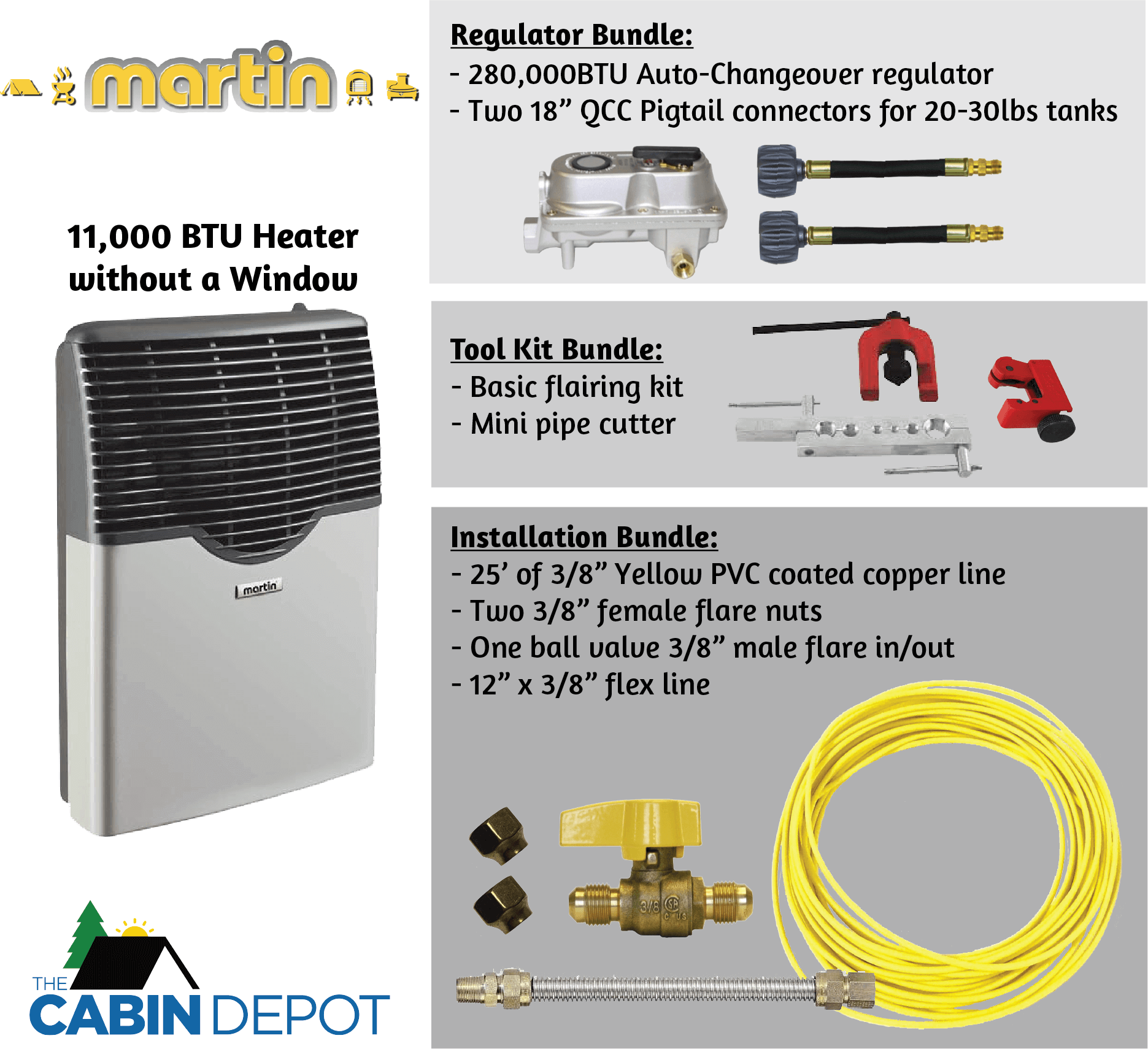Martin 11,000 BTU Direct Vent Propane Heater with installation and regulator bundles from The Cabin Depot, ideal for off-grid use.