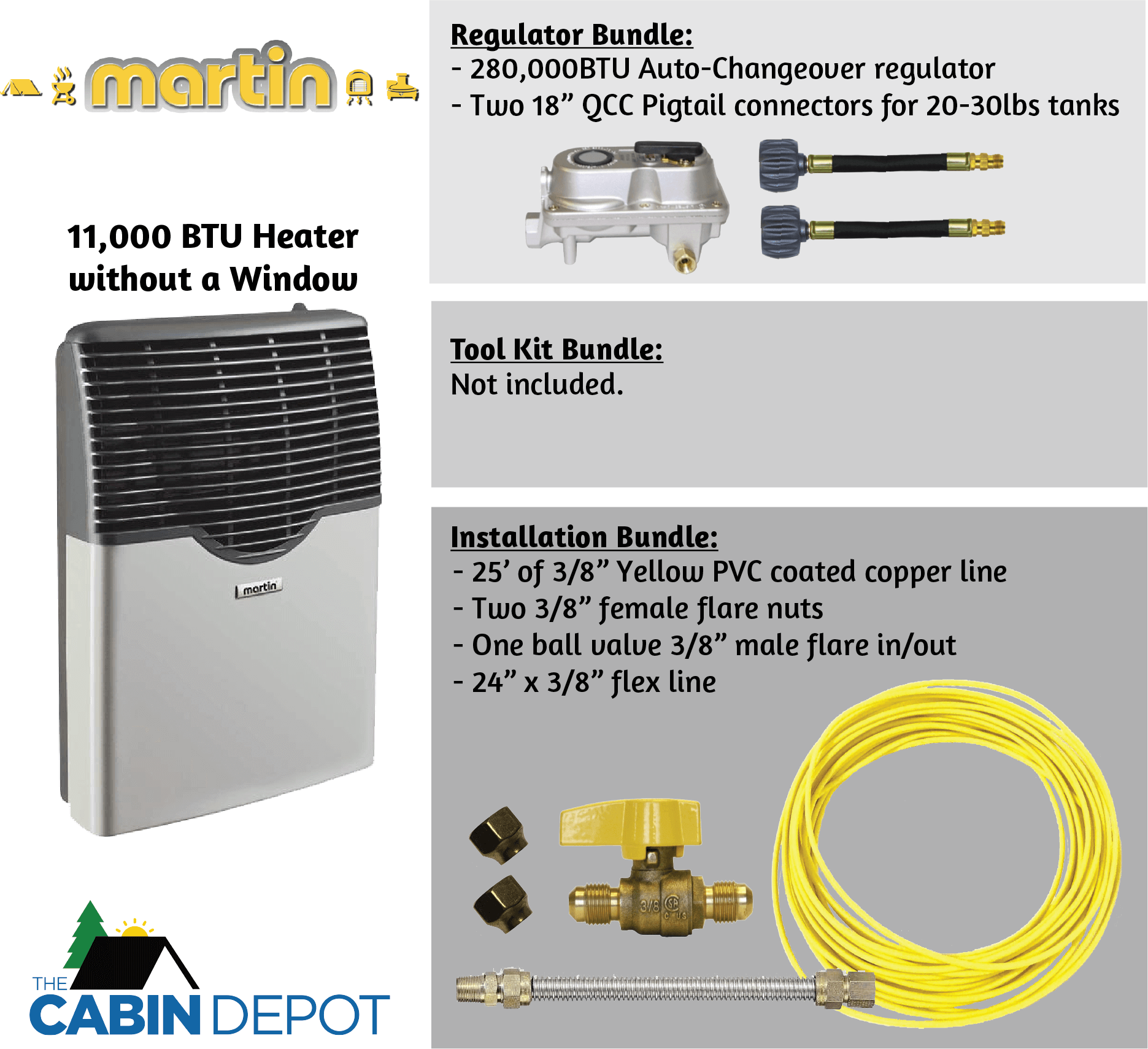 Martin 11,000 BTU Propane Heater with Installation Bundle - Cabin Depot
