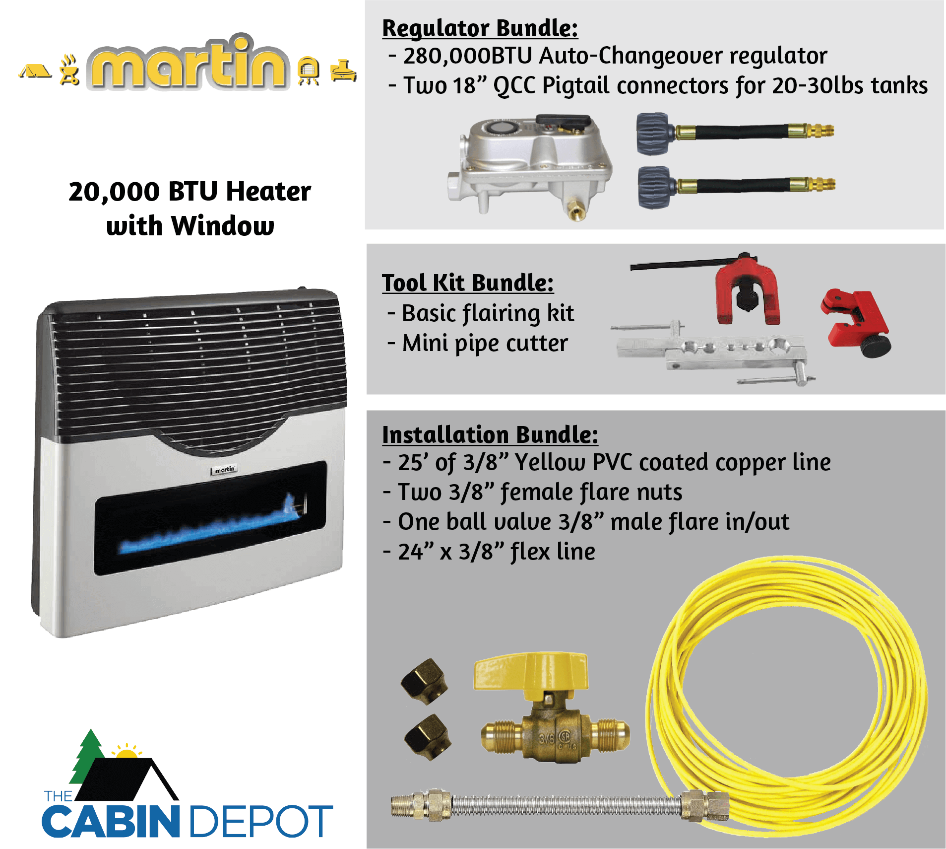 Martin 20,000 BTU Propane Heater with bundles, available at Cabin Depot, perfect for off-grid heating solutions in Canada.