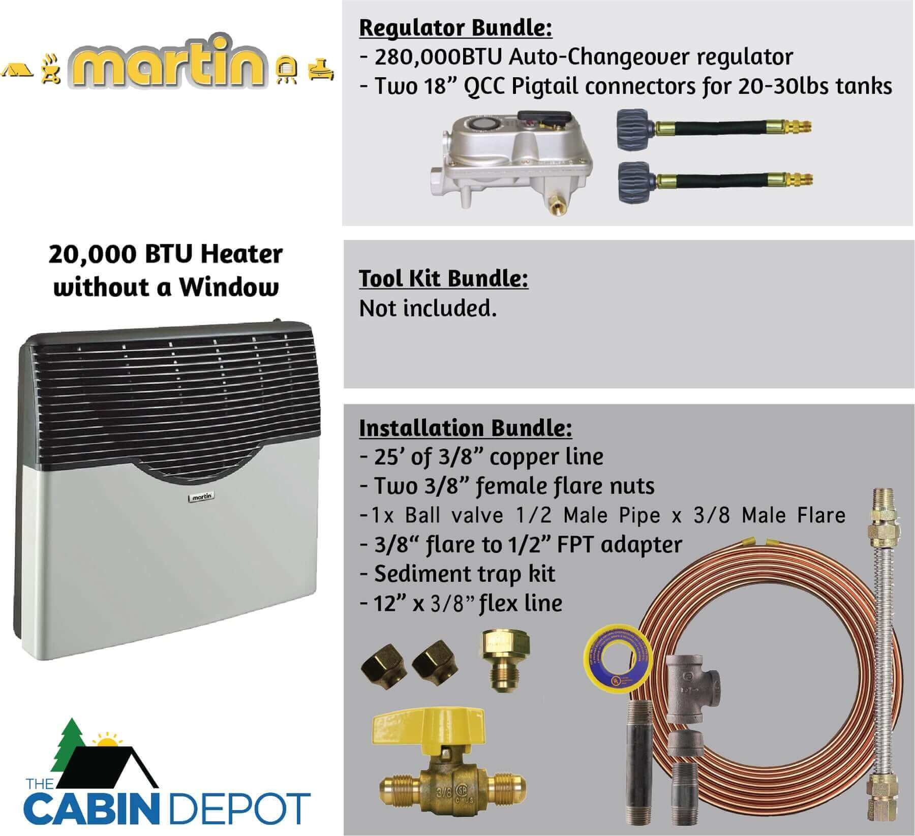 Martin 20,000 BTU Direct Vent Propane Heater with installation bundle from The Cabin Depot.
