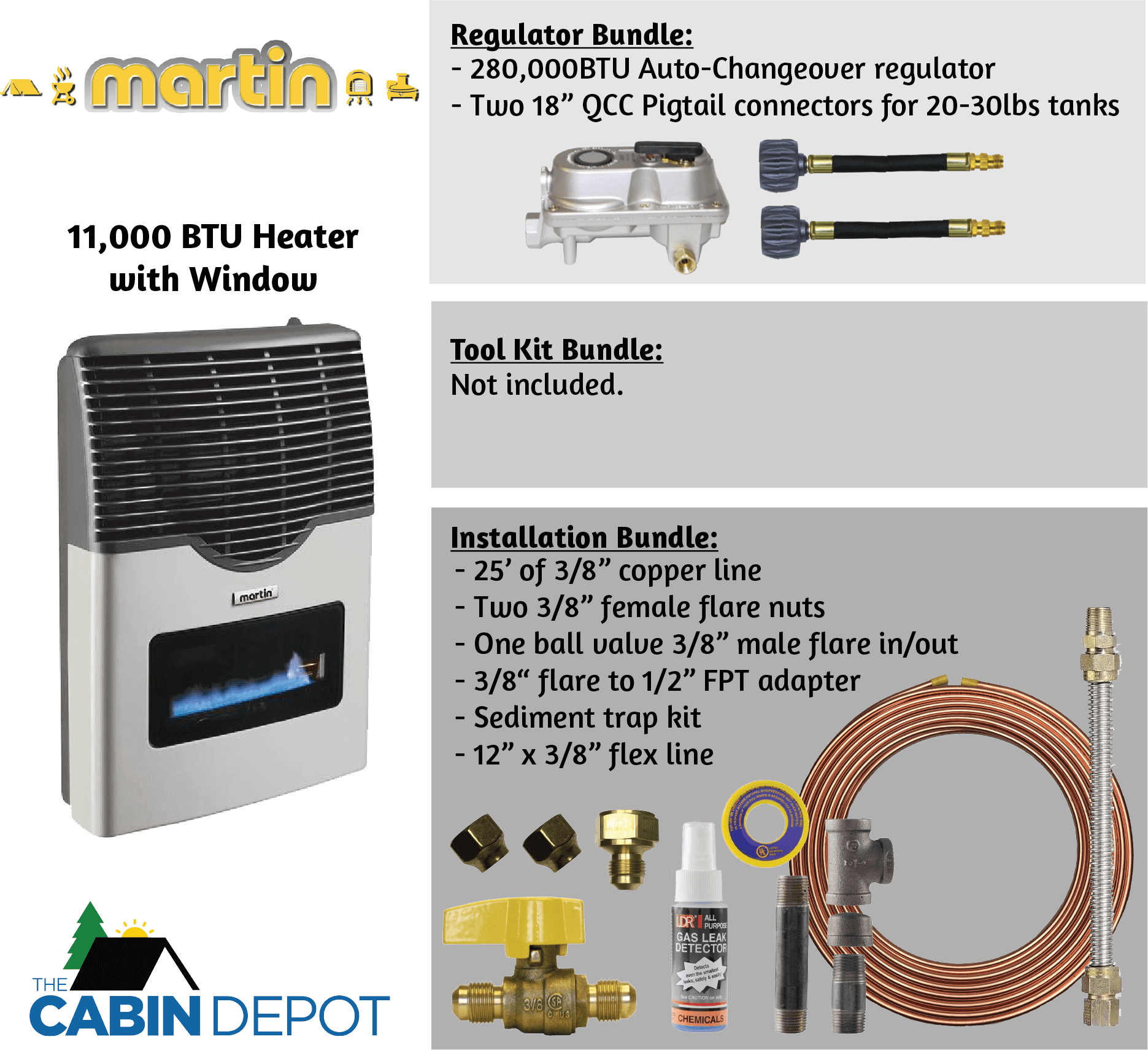 Martin 11,000 BTU Direct Vent Propane Heater with accessories from Cabin Depot for off-grid heating solutions.