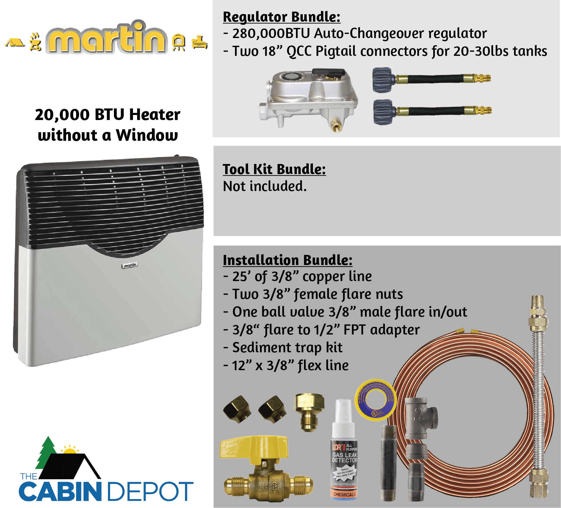 Martin 20,000 BTU Direct Vent Propane Heater without window, installation kit, regulator and The Cabin Depot logo