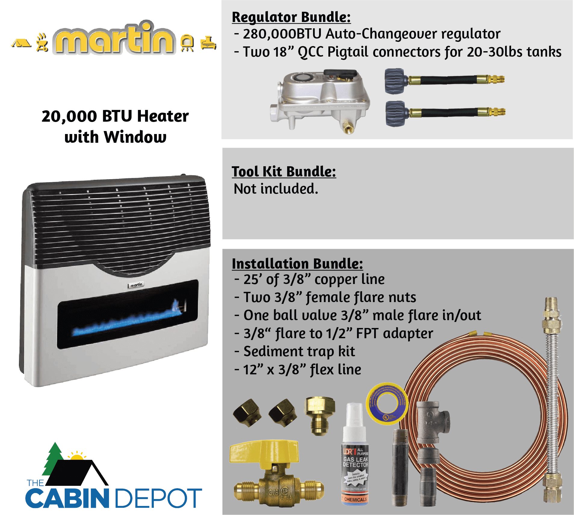 Martin 20,000 BTU Direct Vent Propane Heater with installation bundle options from Cabin Depot.