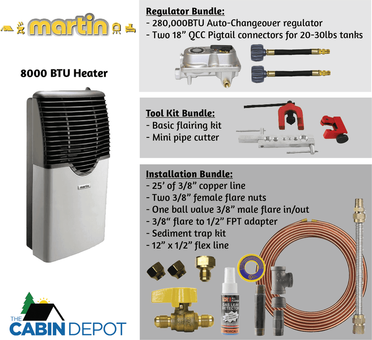 Martin 8000 BTU Direct Vent Propane Heater with installation and tool kit bundles from The Cabin Depot