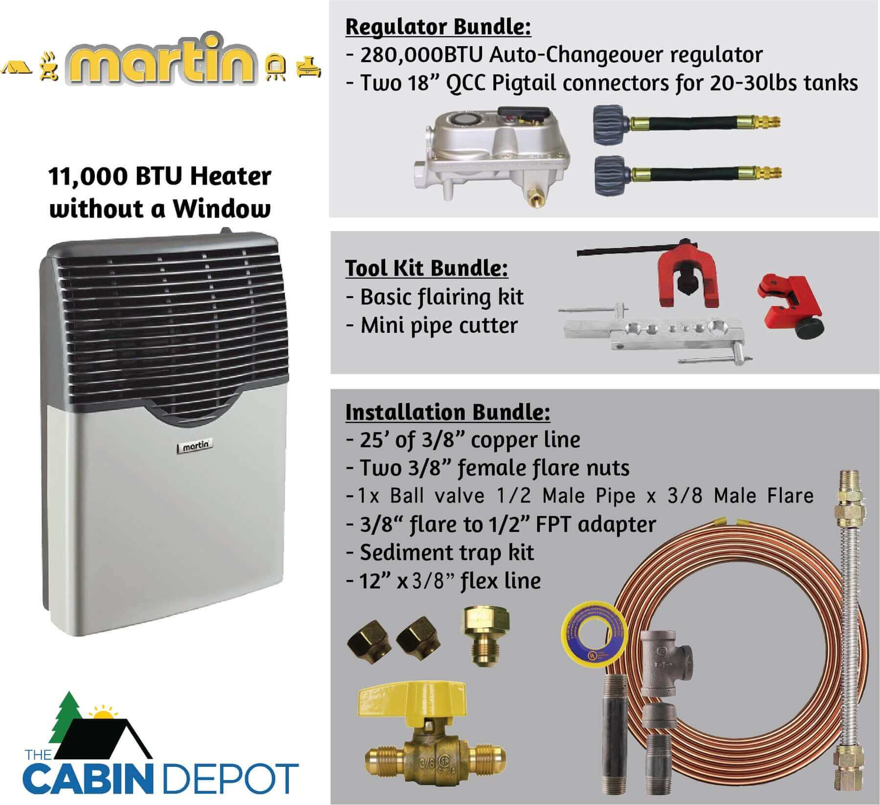 Martin 11,000 BTU Direct Vent Propane Heater with accessories, available at The Cabin Depot; ideal for off-grid cabins. Free shipping in Canada.