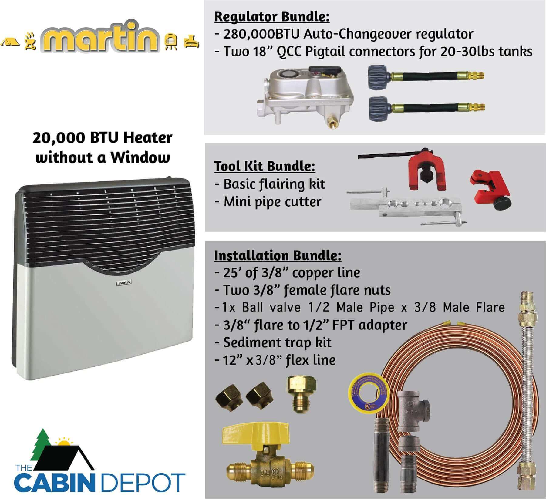 Martin 20,000 BTU Direct Vent Propane Heater MDV20P from The Cabin Depot; includes regulator, tool kit, and installation bundles.