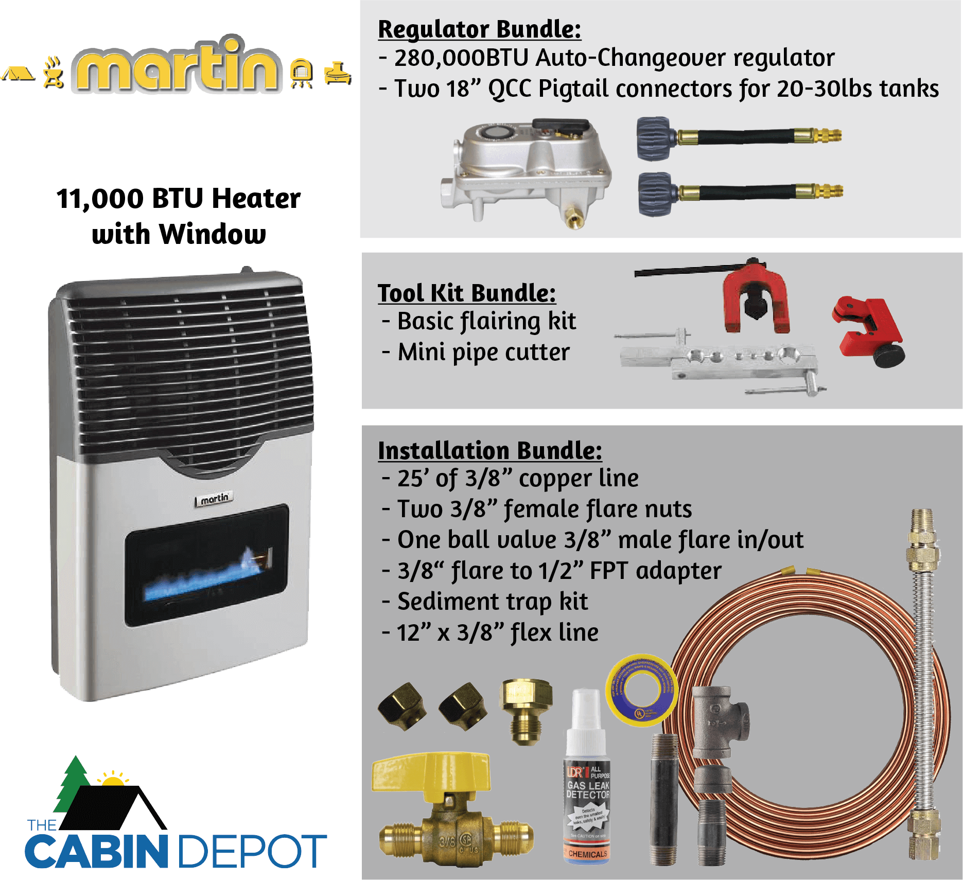 Martin 11,000 BTU Direct Vent Propane Heater bundle features with accessories at The Cabin Depot.