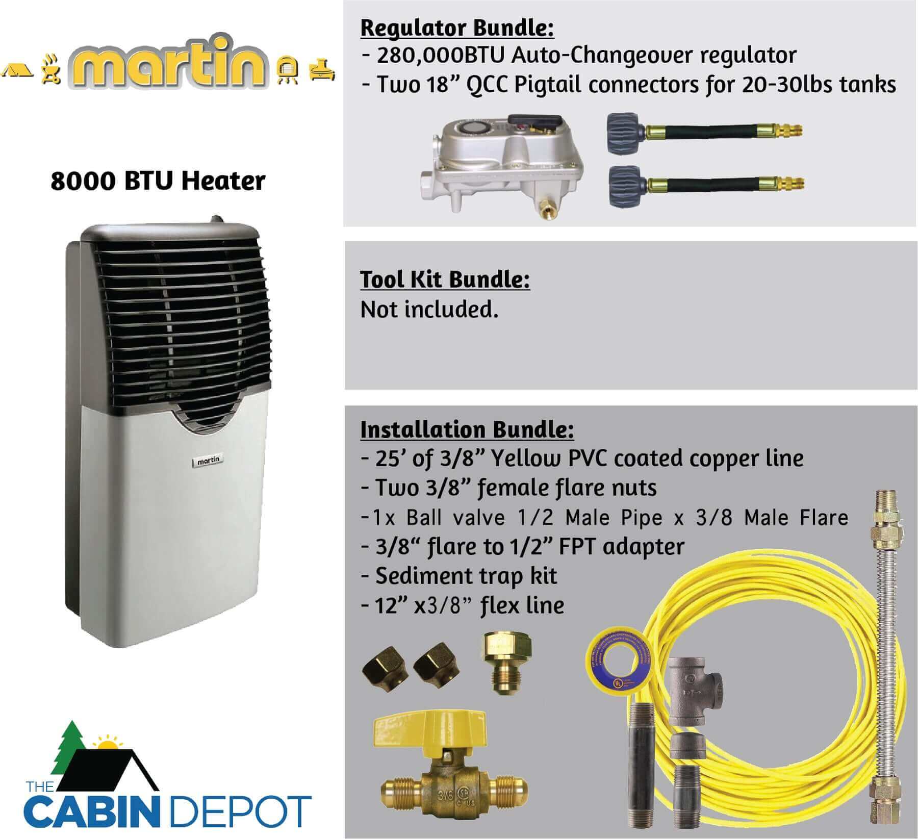 Martin 8000 BTU Direct Vent Propane Heater installation bundle with accessories at The Cabin Depot