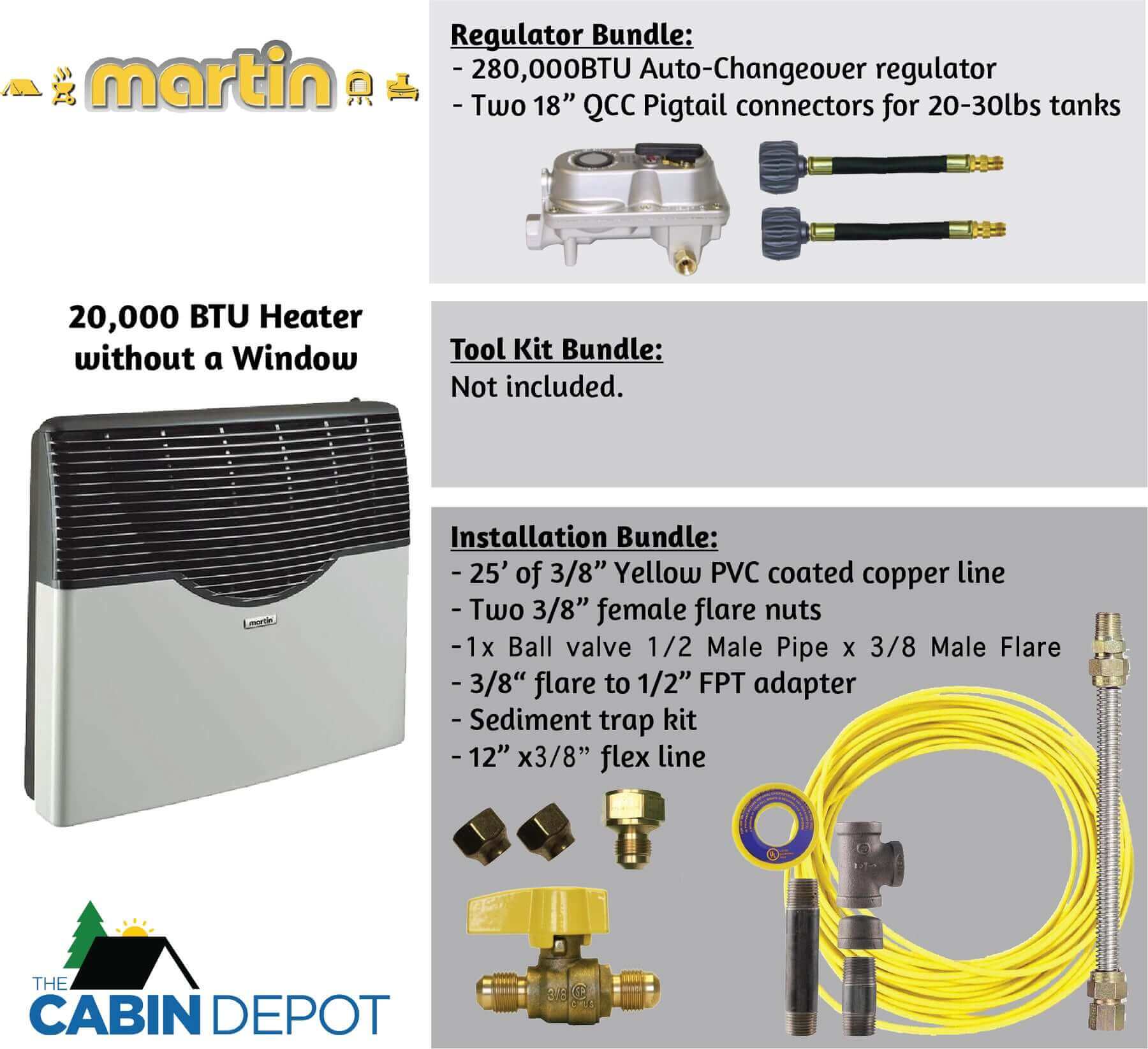 Martin 20,000 BTU Direct Vent Propane Heater for cabins, available at Cabin Depot; includes regulator bundle for off-grid heating.
