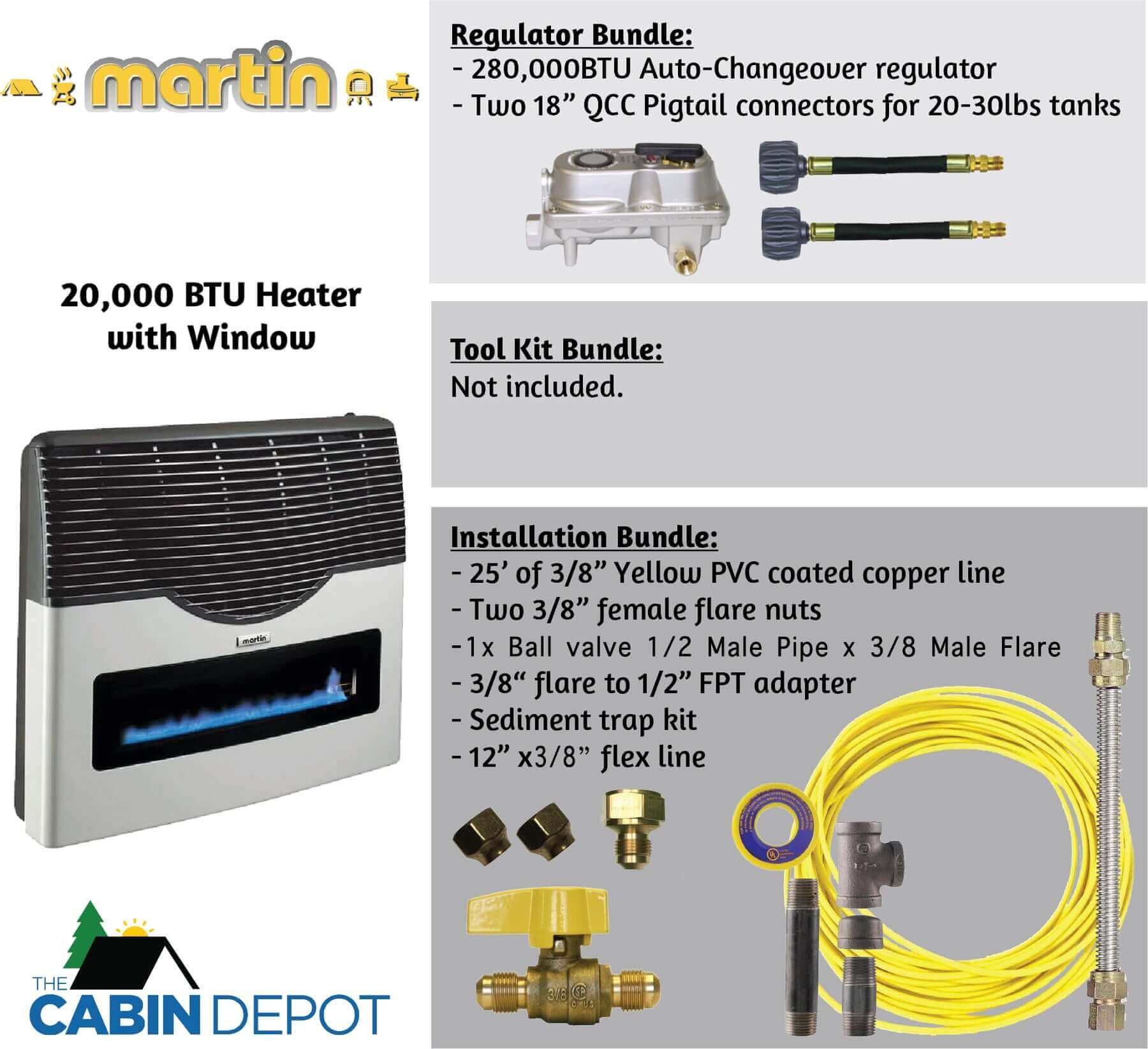 Martin 20,000 BTU Direct Vent Propane Heater with window, accessories, and installation parts from Cabin Depot for off-grid heating.
