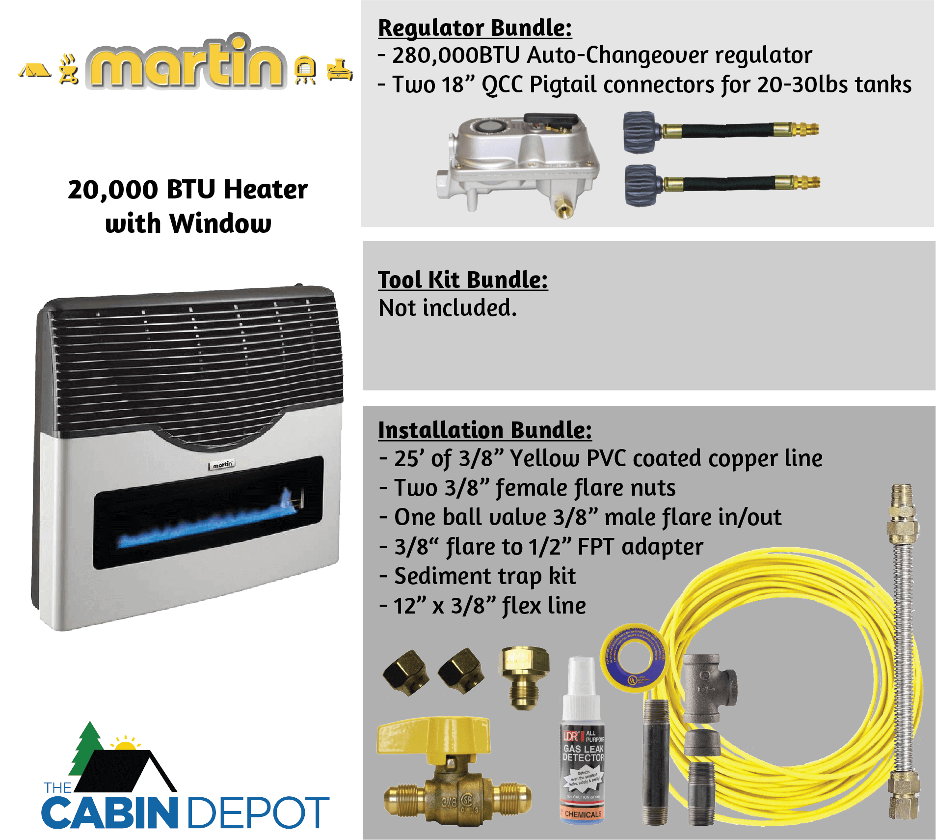 Martin 20,000 BTU direct vent propane heater with regulator and installation bundles, available at The Cabin Depot.