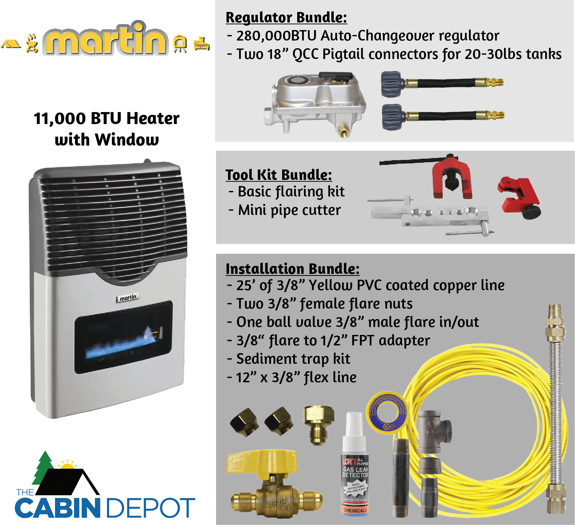 Martin 11,000 BTU Propane Heater with regulator, tool, installation bundles available at The Cabin Depot.