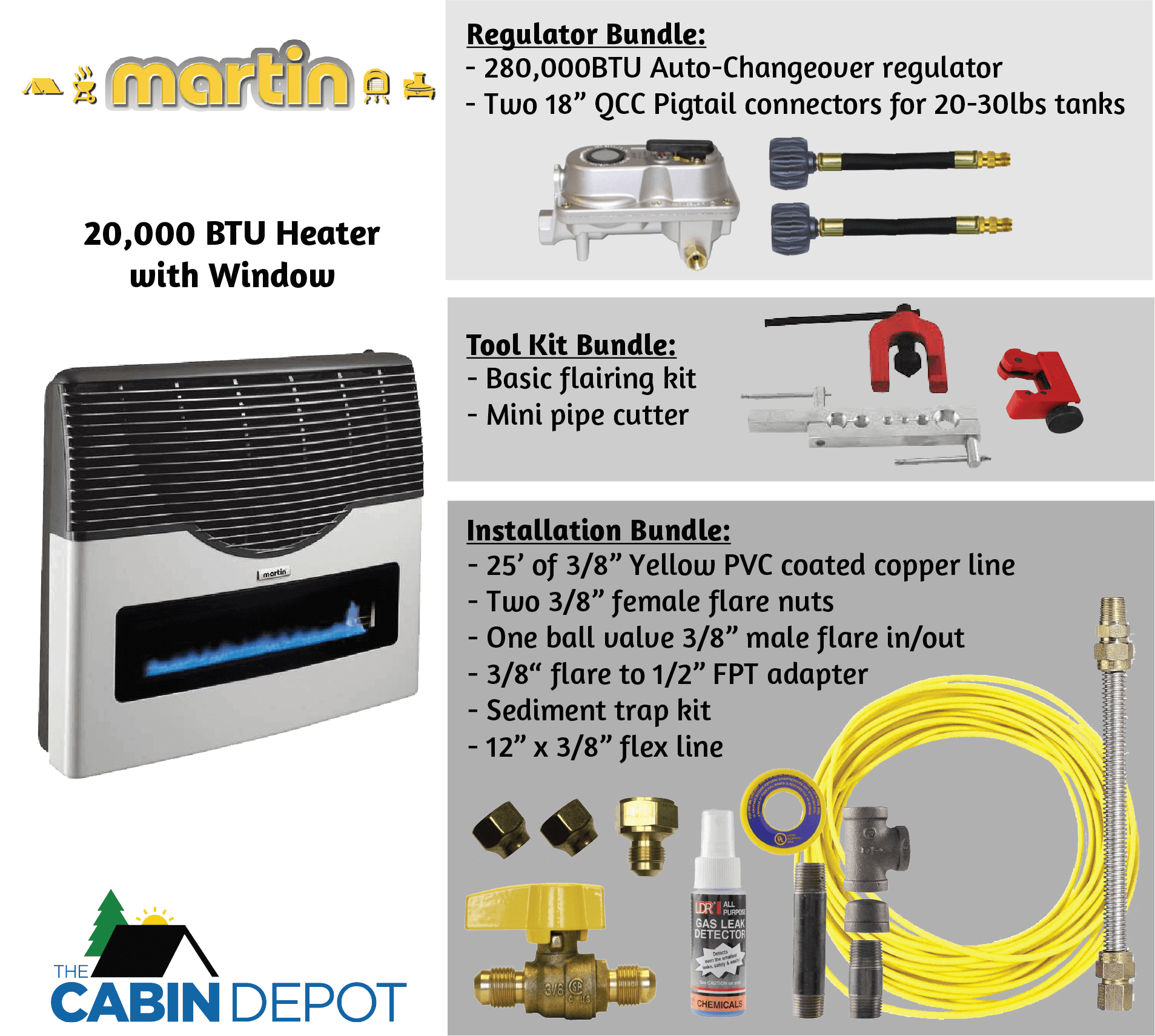 Martin 20,000 BTU propane heater with installation, regulator, and tool kits from Cabin Depot
