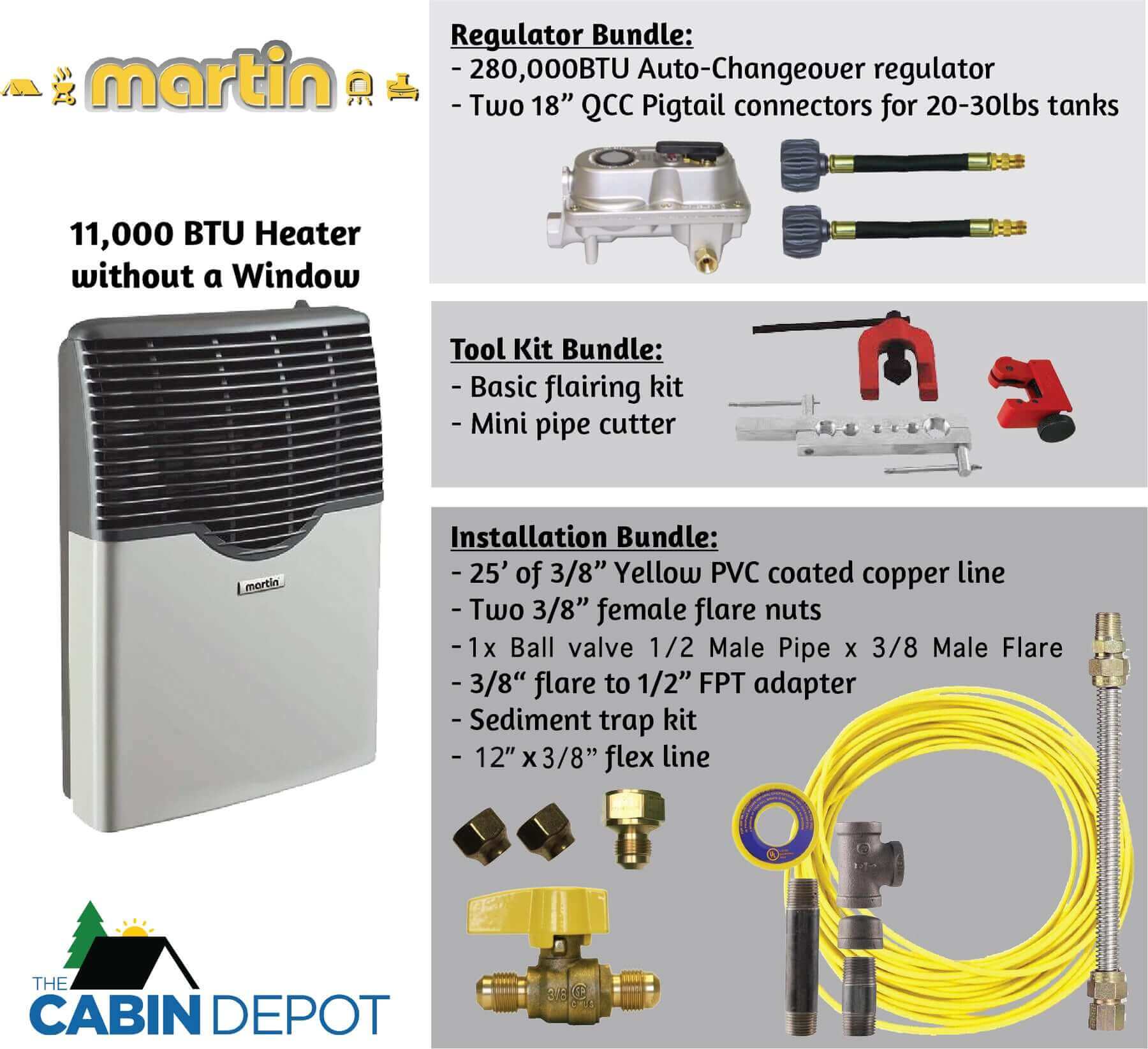 Martin 11,000 BTU Direct Vent Propane Heater with accessories from The Cabin Depot for off-grid use.