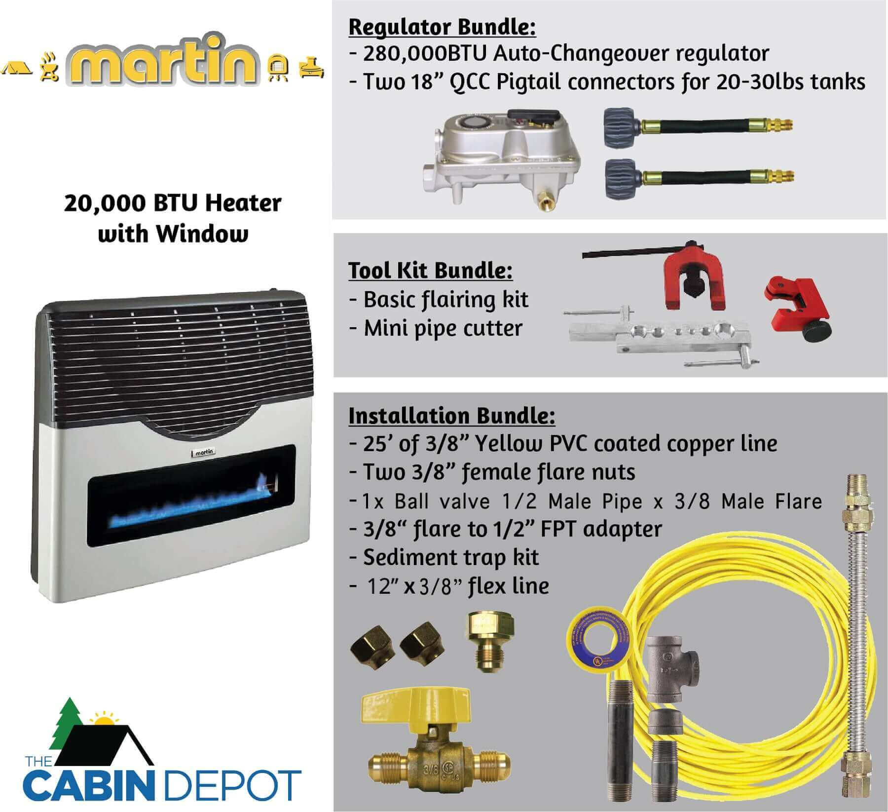 Martin 20,000 BTU Propane Heater with installation and tool kit bundles from The Cabin Depot