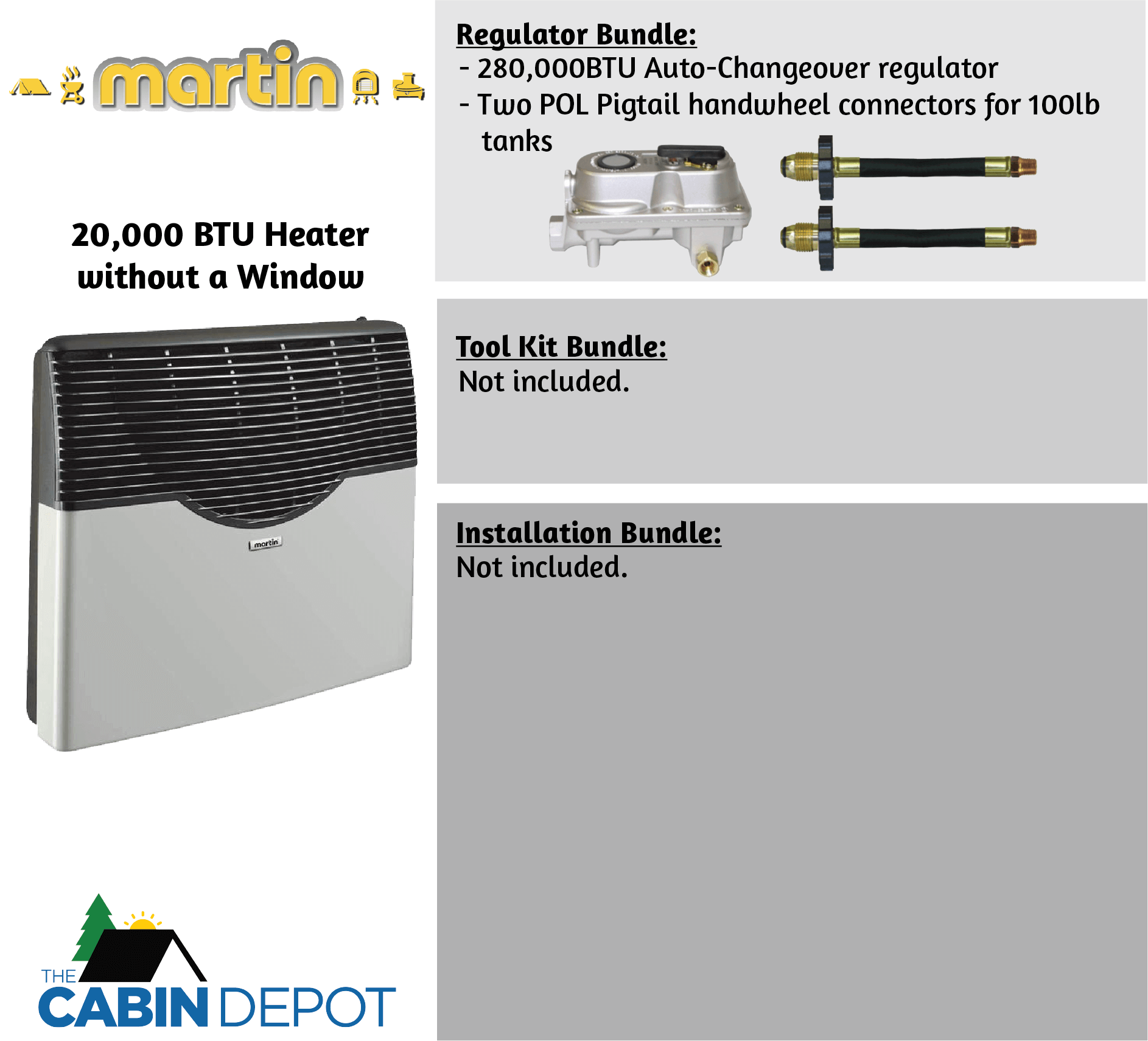 Martin 20,000 BTU Direct Vent Propane Heater by Cabin Depot with regulator bundle, no window unit, ideal for off-grid heating.