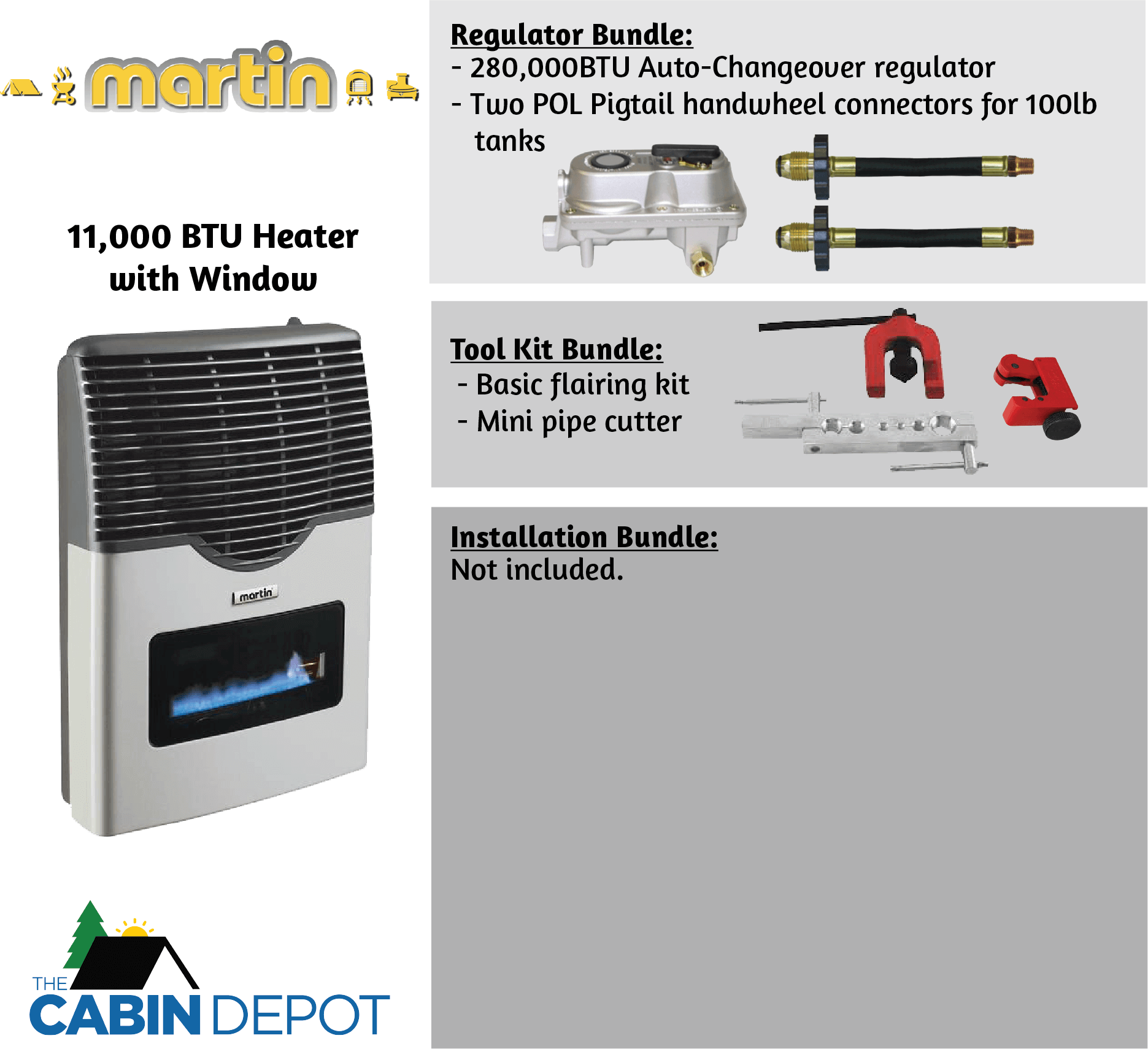 Martin 11,000 BTU Direct Vent Propane Heater at The Cabin Depot, featuring regulator and tool kits for efficient off-grid heating solutions.